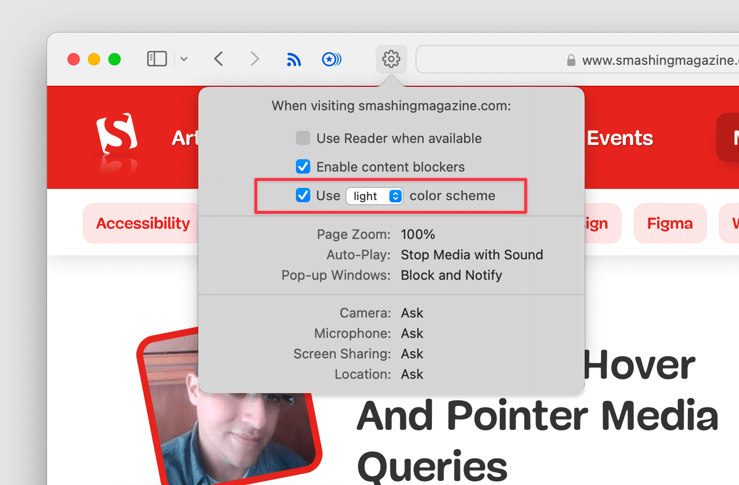 Screenshot of Safari’s “Website preferences” toolbar dropdown with an altered mockup showing an option to choose the color scheme for an individual website.