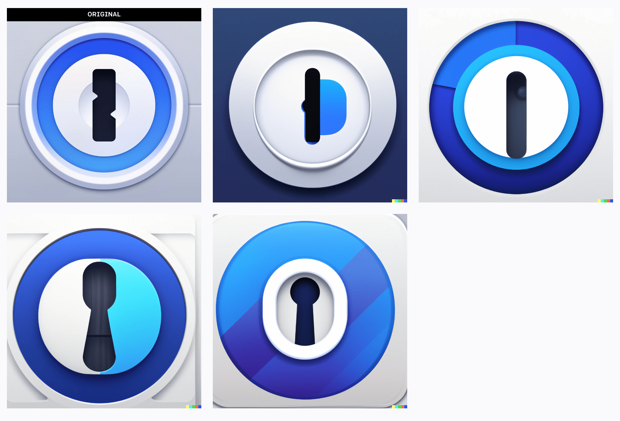 The “1Password” app icon with 4 AI-generated variations alongside it.
