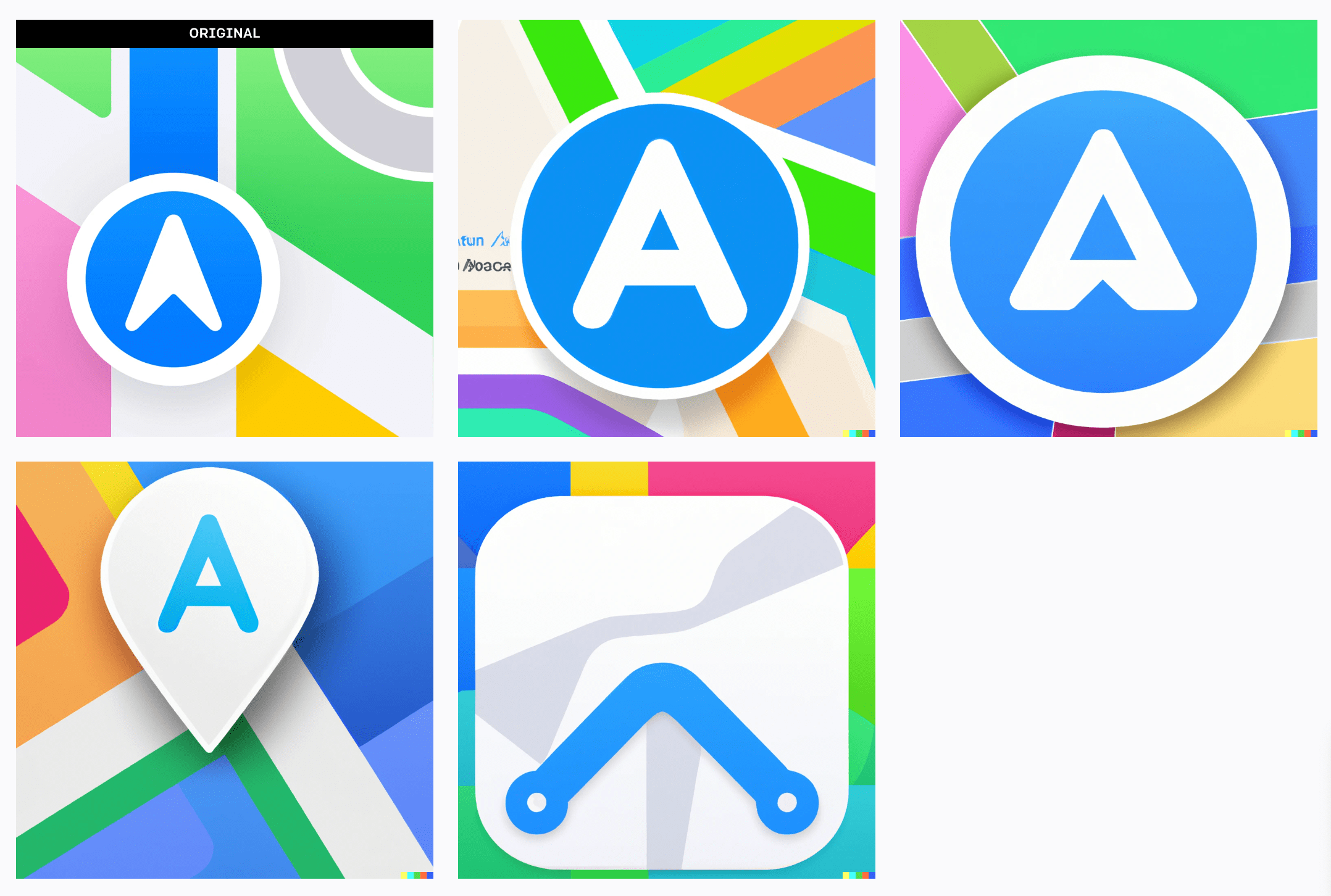 The original “Maps” app icon with 4 AI-generated variations alongside it.