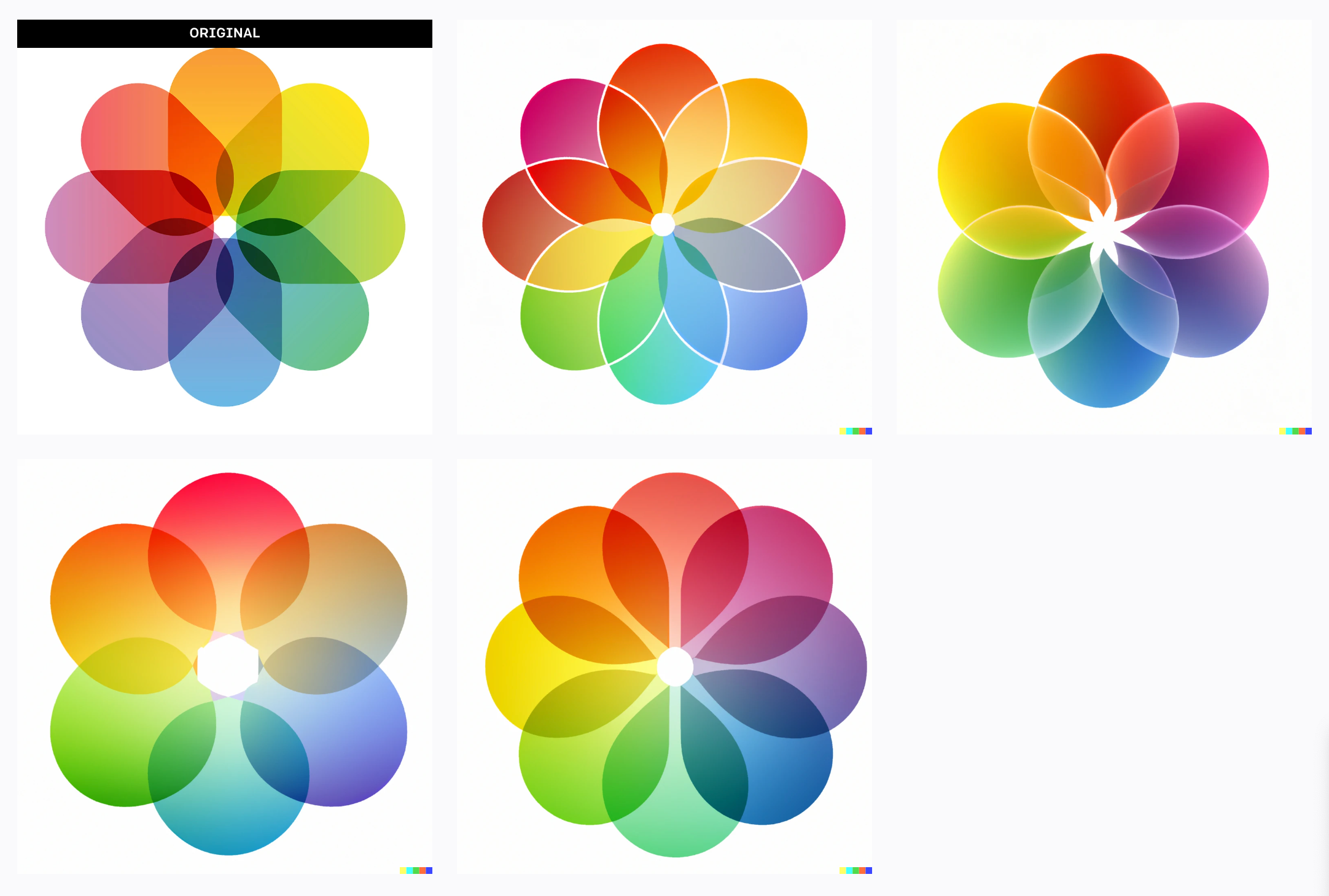 The original “Photos” app icon with 4 AI-generated variations alongside it.