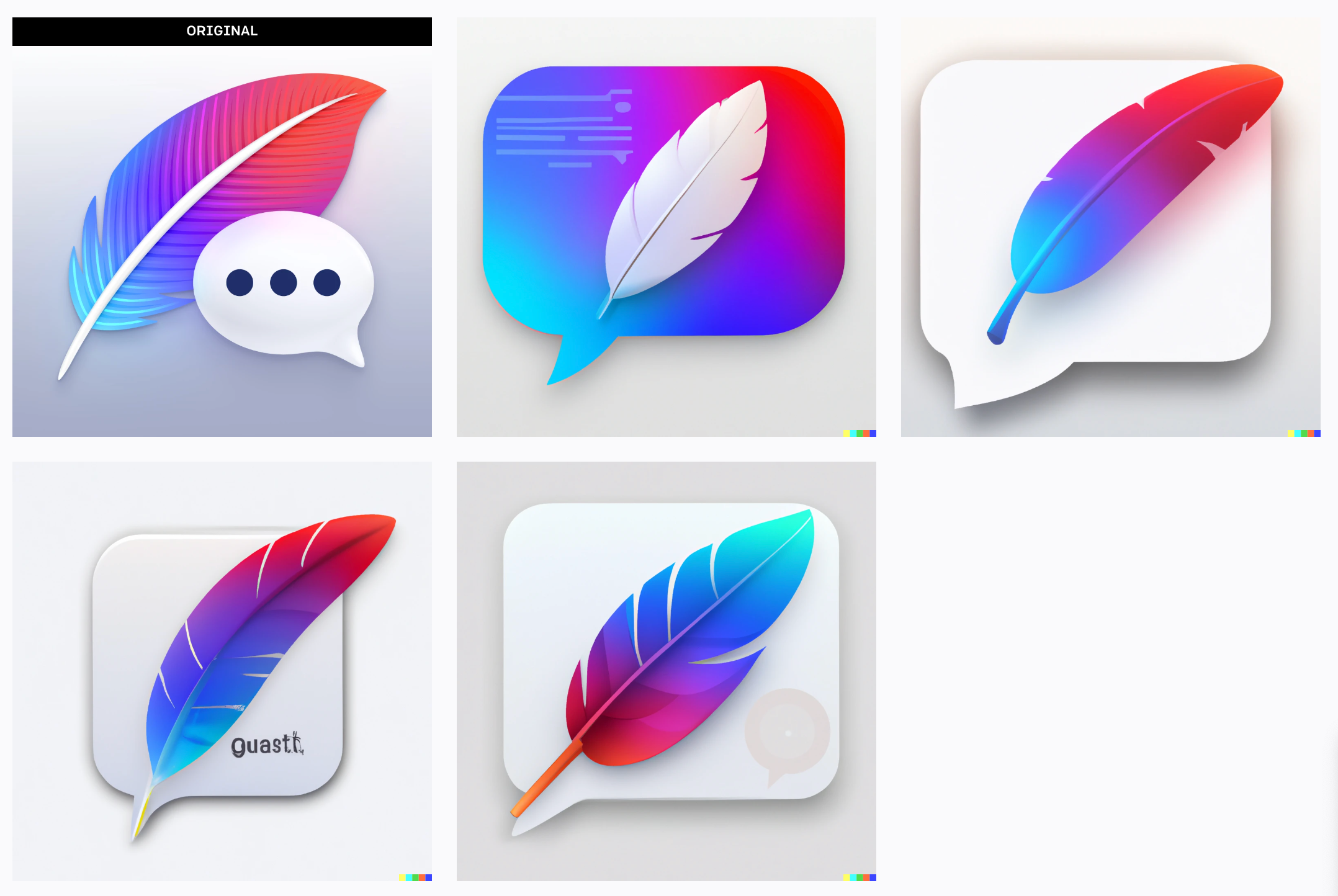 The original “Quill Chat” app icon with 4 AI-generated variations alongside it.