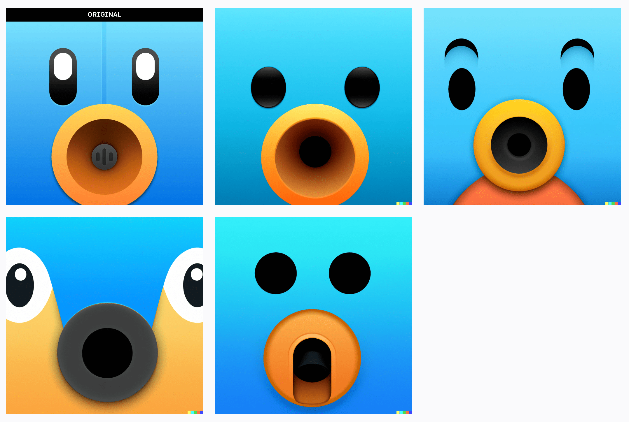 The original “Tweetbot 4” app icon with 4 AI-generated variations alongside it.