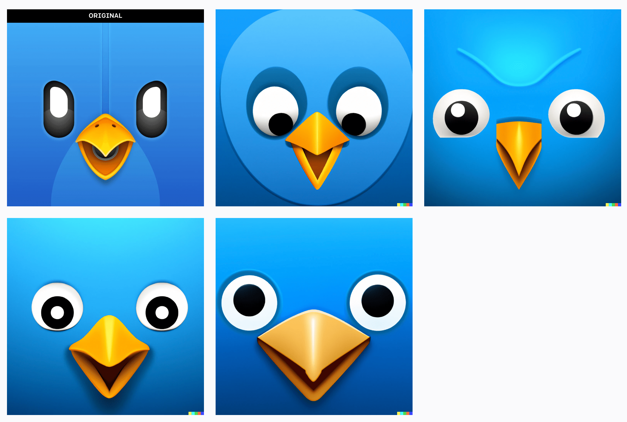 The original “Tweetbot 5” app icon with 4 AI-generated variations alongside it.