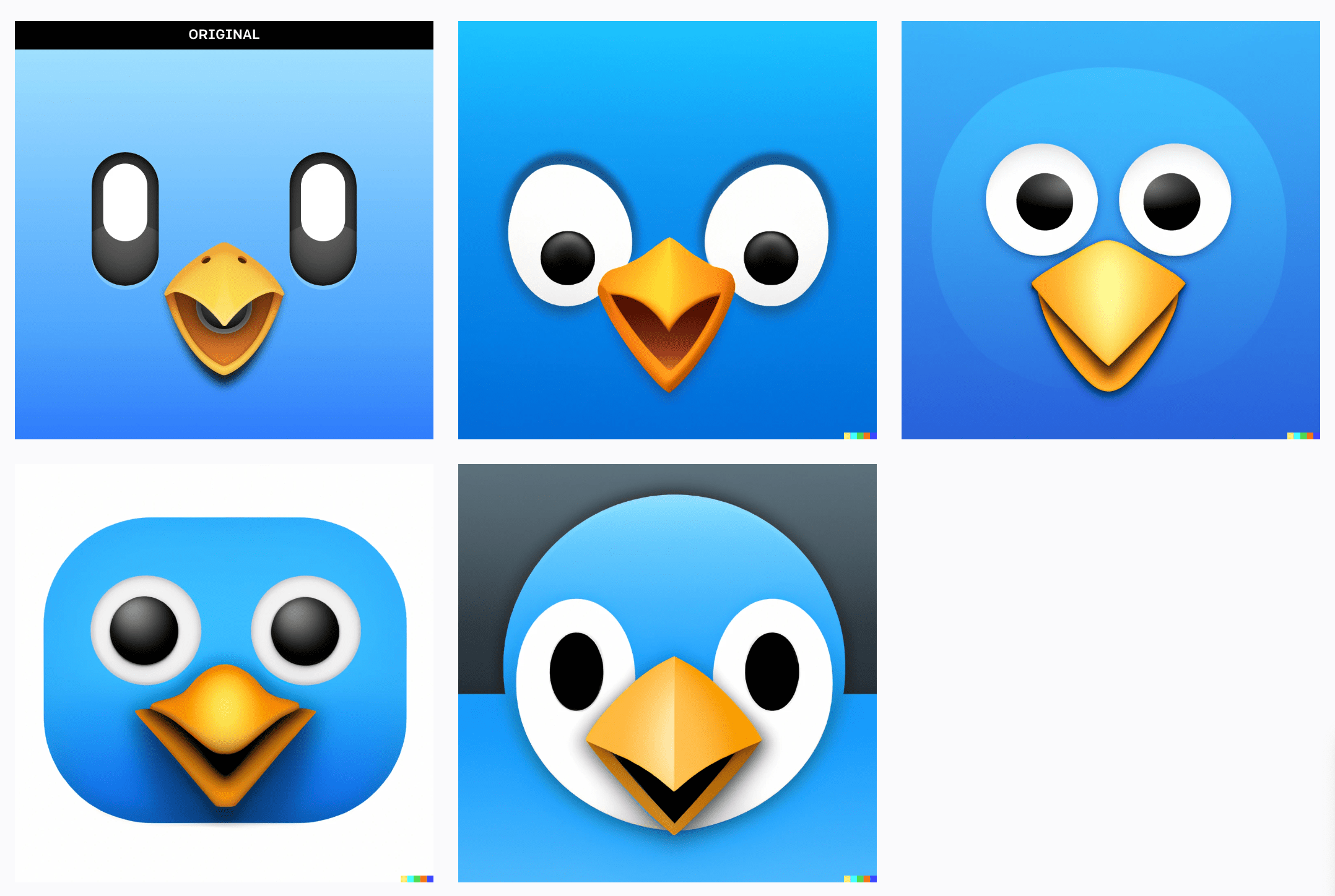 The original “Tweetbot 6” app icon with 4 AI-generated variations alongside it.