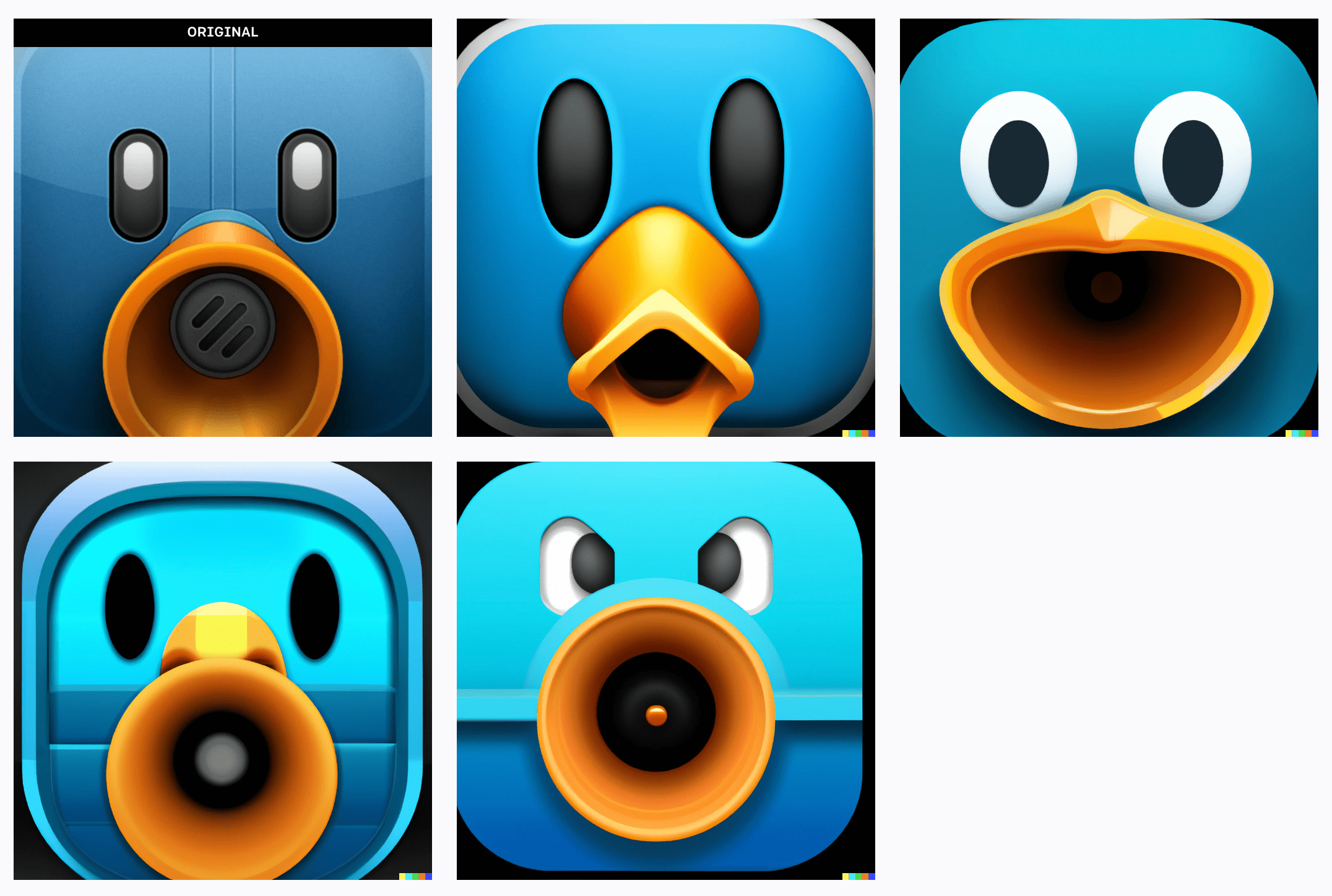 The original “Tweetbot” app icon with 4 AI-generated variations alongside it.