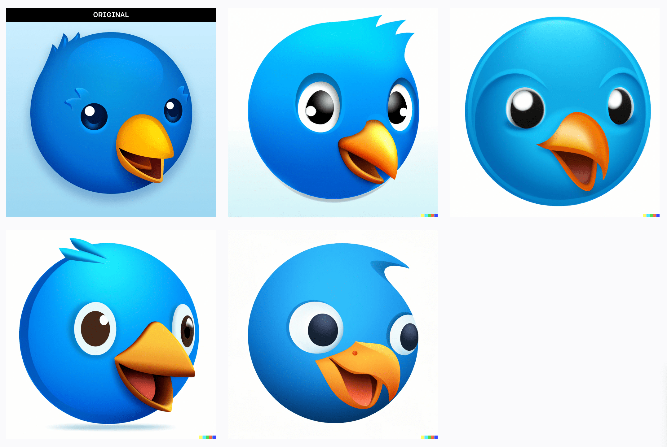 The original “Twitterific” app icon with 4 AI-generated variations alongside it.