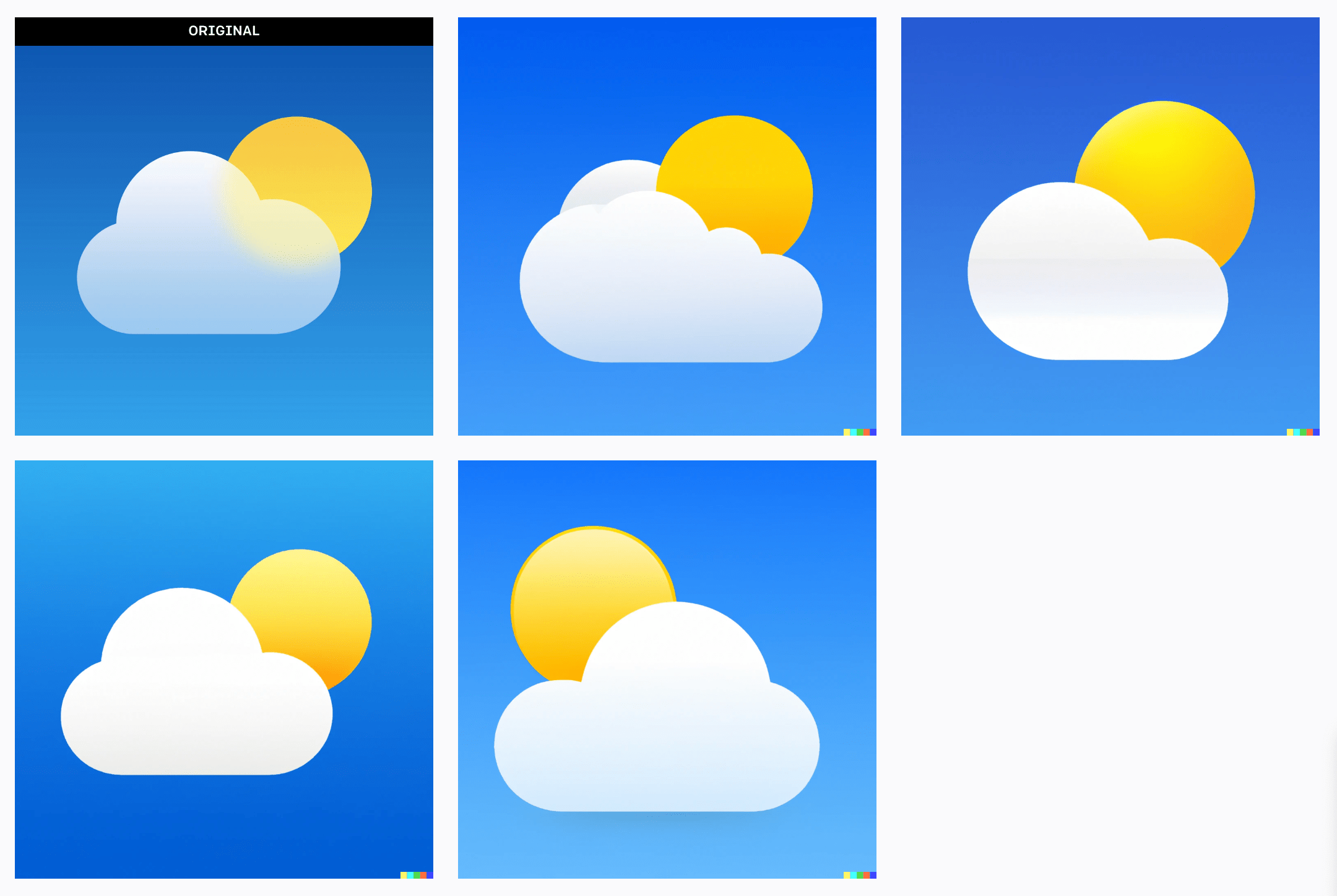 The original “Weather” app icon with 4 AI-generated variations alongside it.
