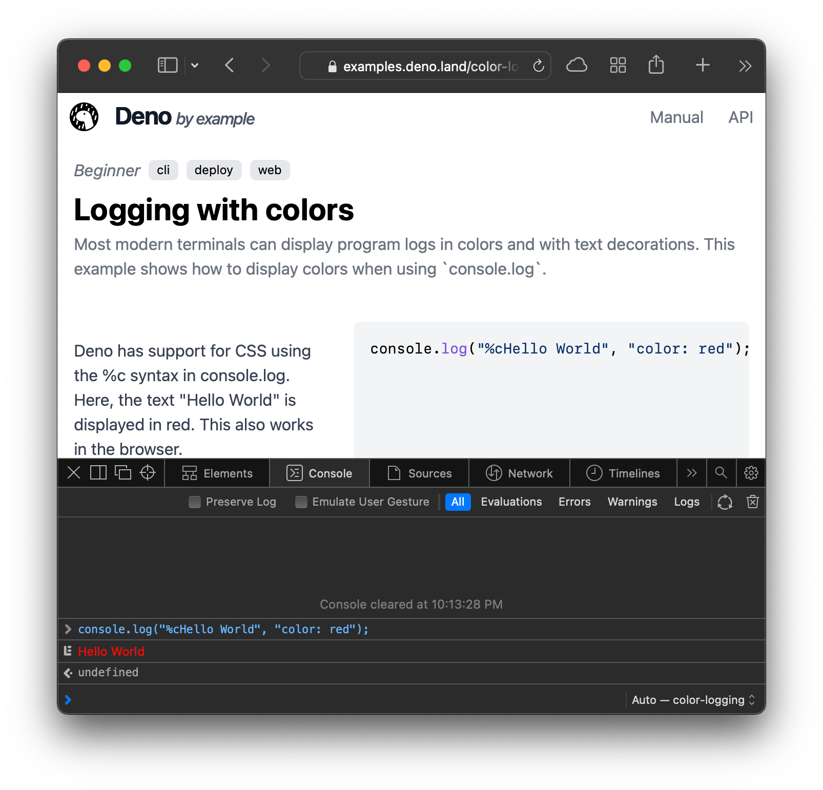 Screenshot of Safari with the developer tools open on examples.deno.land showing a console.log command with colors.
