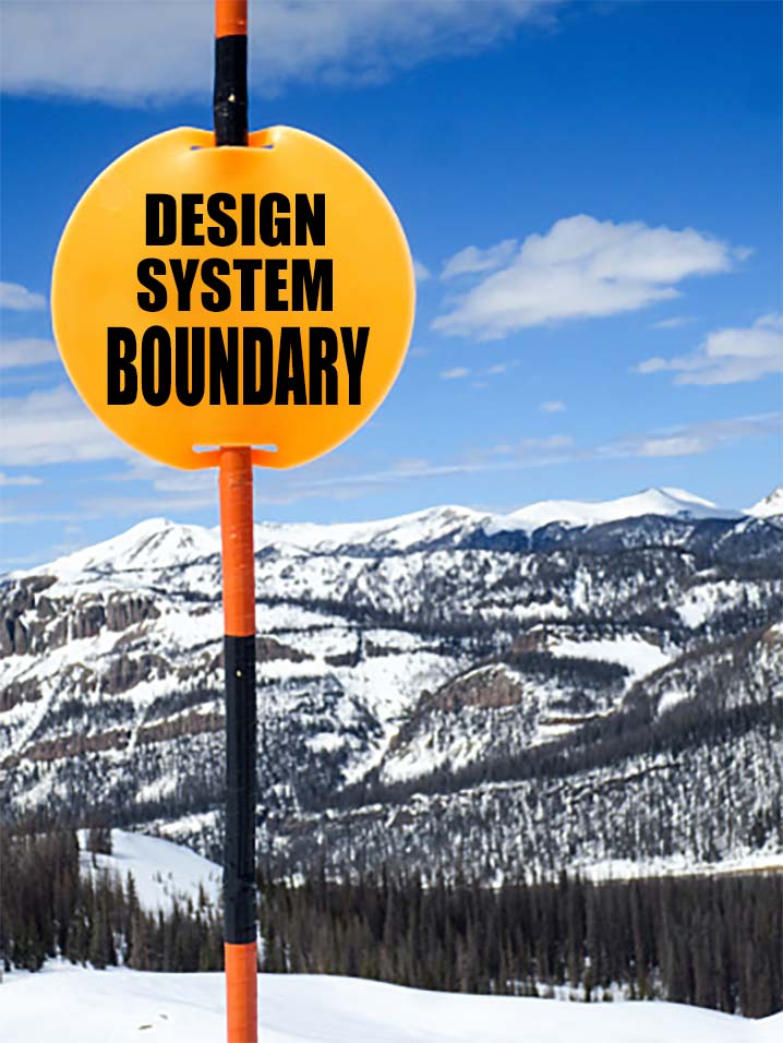 A photograph of a bright orange sign on a ski slope which has been Photoshopped from saying “Ski Area Boundary” to “Design System Boundary”.