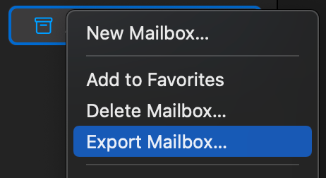 Screenshot of the context menu in Apple Mail with the “Export Mailbox” menu item selected.