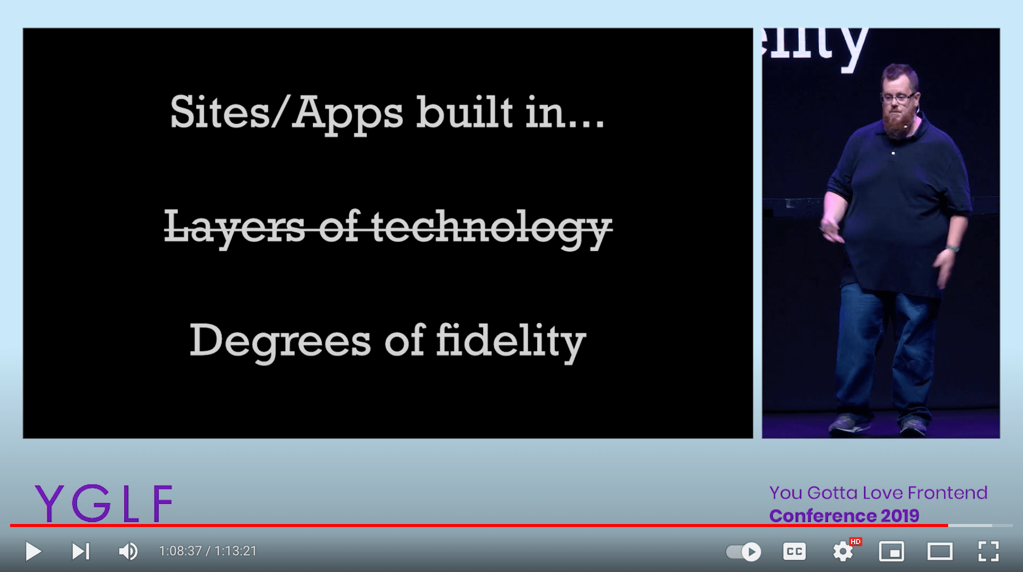 Screenshot from the YGLF conference recording showing Kyle Simpson on stage with a slide noting we should build things in “Degress of fidelity”.