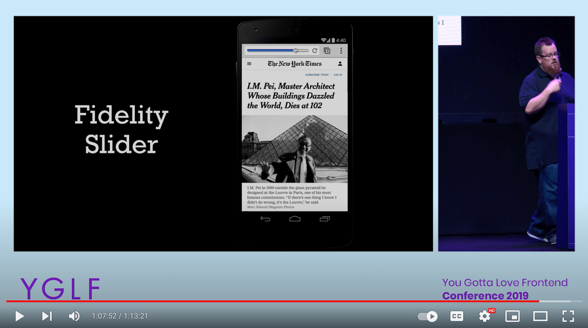 Screenshot from the YGLF conference recording showing Kyle Simpson on stage with a slide showing a proof of concept “fidelity slider” for New York Times’ website.