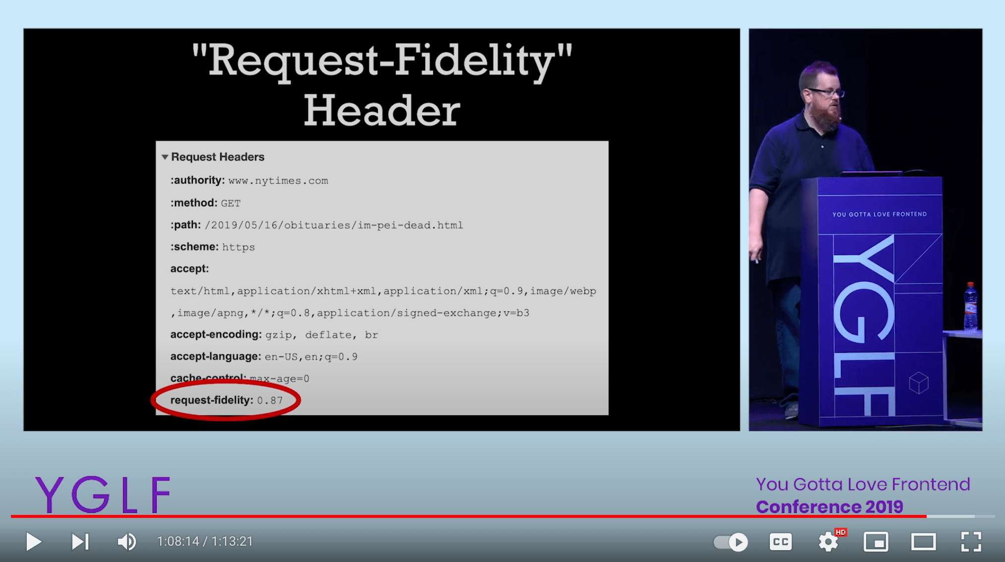 Screenshot from the YGLF conference recording showing Kyle Simpson on stage with a slide showing a theoretical “request-fidelity” header highlighted in the developer tools.