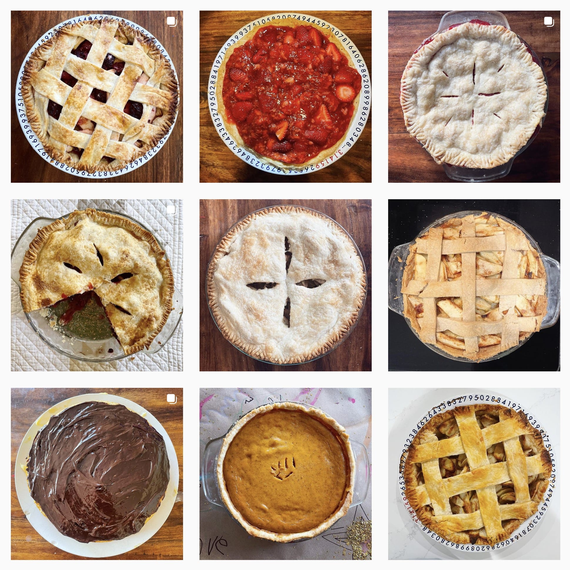 A collection of 9 photographs of different pies I’ve baked. One is visibly pumpkin. One is visibly strawberry. Three are covered by lattice tops and three more are covered completely with only slits in the top, making the type of pie undiscrenable.