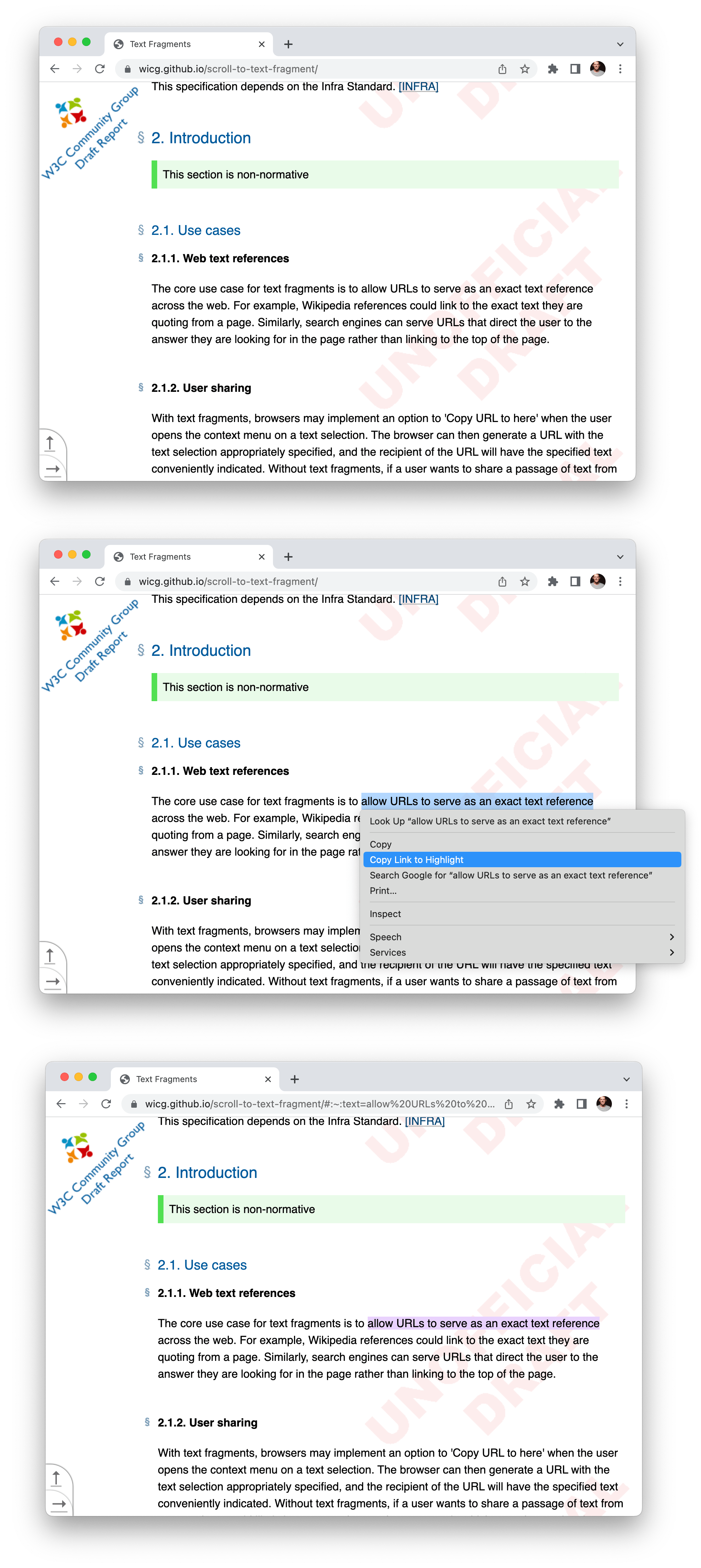 Three screenshots of a webpage in Chrome showing how users can select any arbitrary text on the page, right-click for a context menu, choose “Copy Link to Highlight” and the browser will generate a URL for sharing which, when accesses, will visually highlight the selected text.