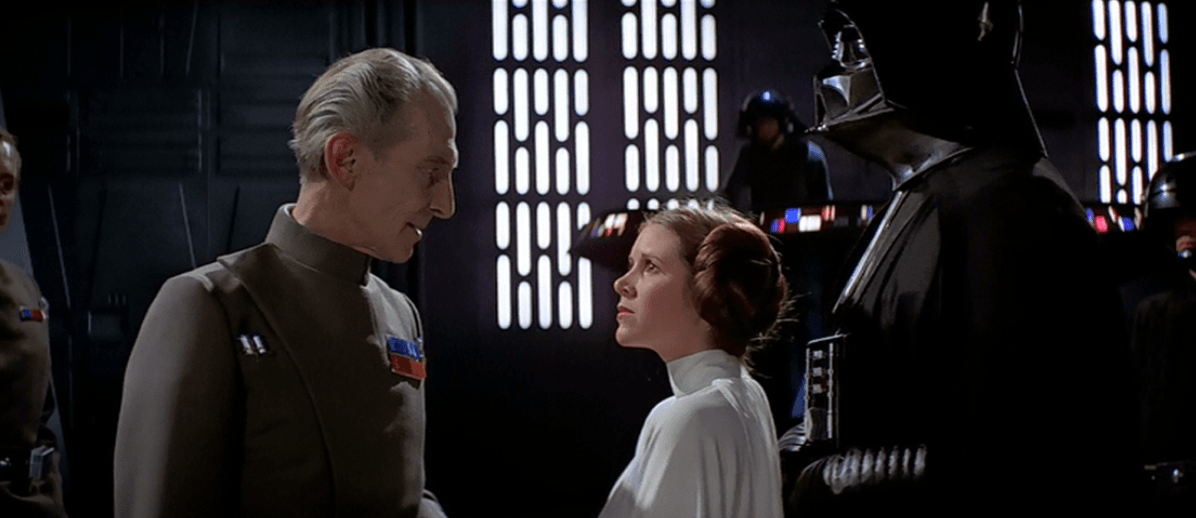 Screenshot of the scene from Star Wars Ep. IV where Princess Leia is talking to Governor Tarkin saying, “The more you tighten your grip the more star systems will slip through your fingers.” 