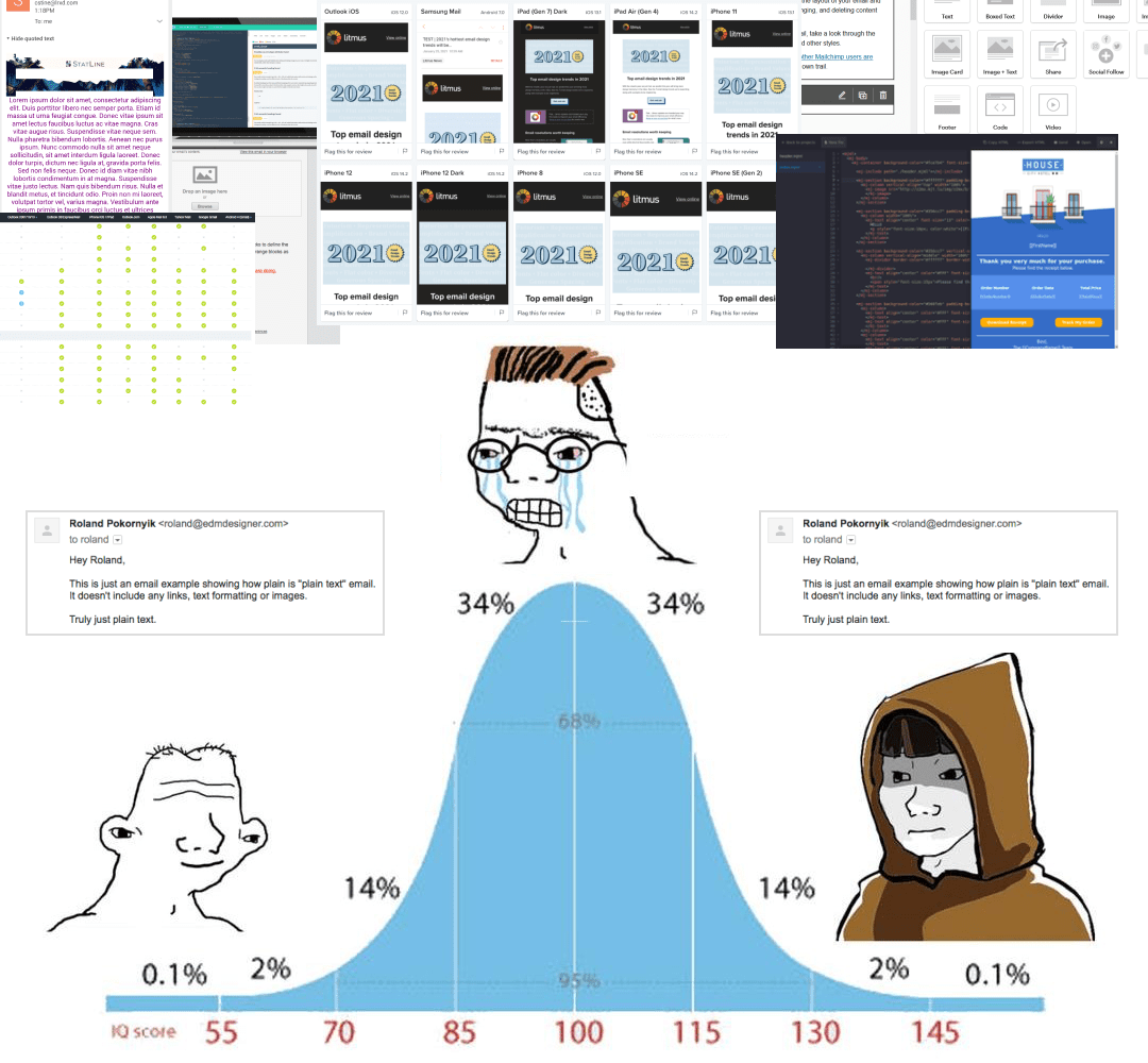 Bell curve meme with plain text email on the novice/expert sides and screenshots of a bunch of HTML email products, code, clients, etc., in the middle.