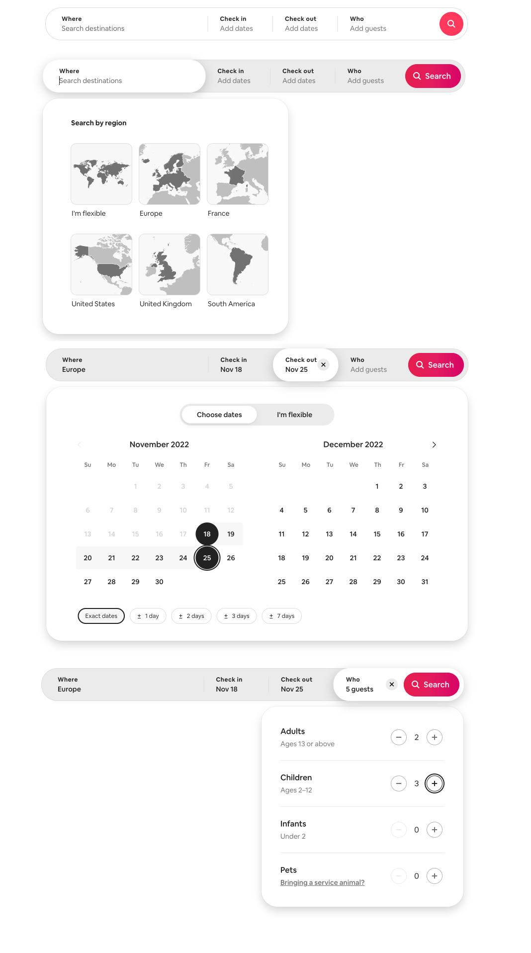 Screenshot of the various widgets for Airbnb’s booking interface, including a country picker, a date range picker, and a number of people input.