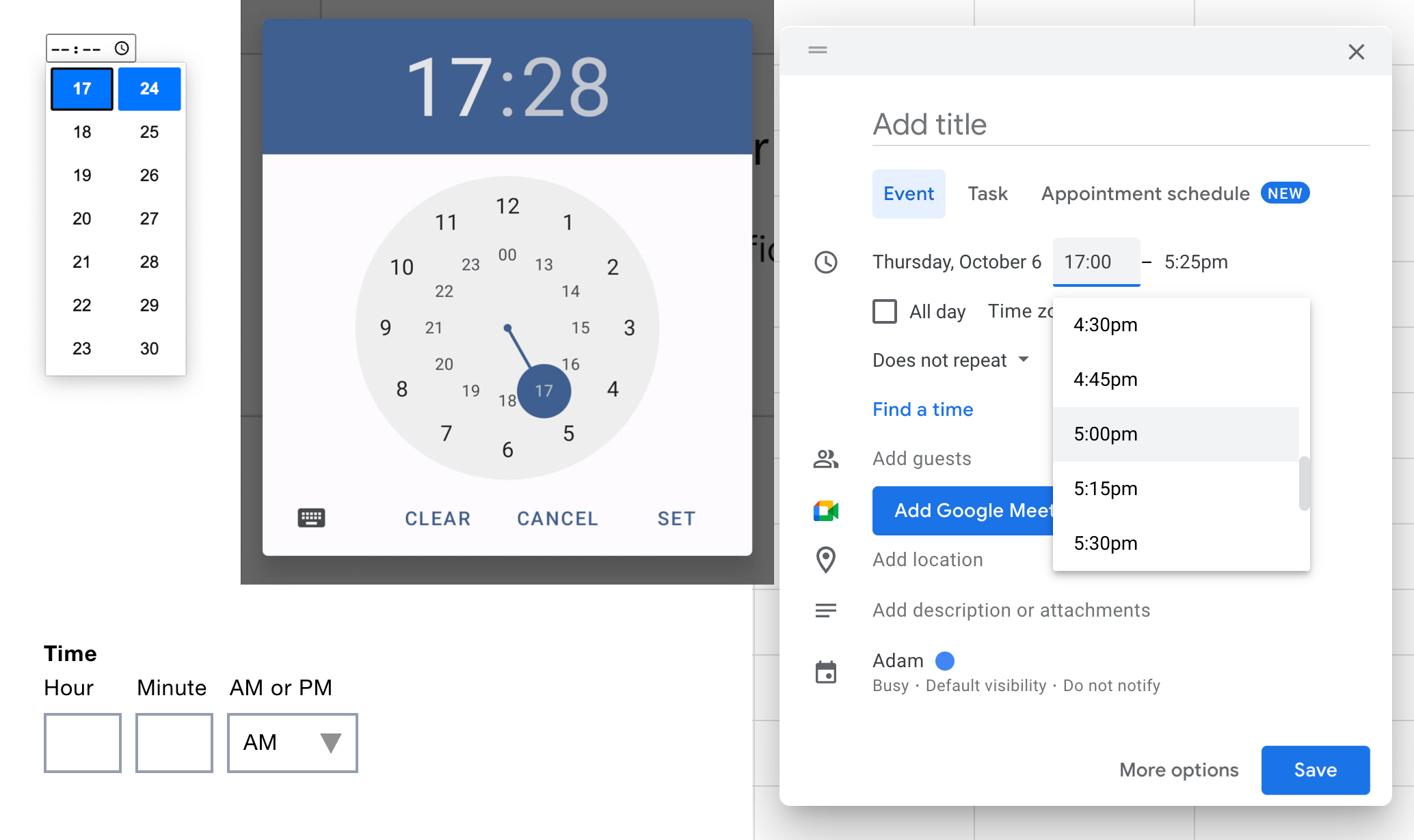 Screenshot of various time inputs, including a dropdowns and a radial clock input.
