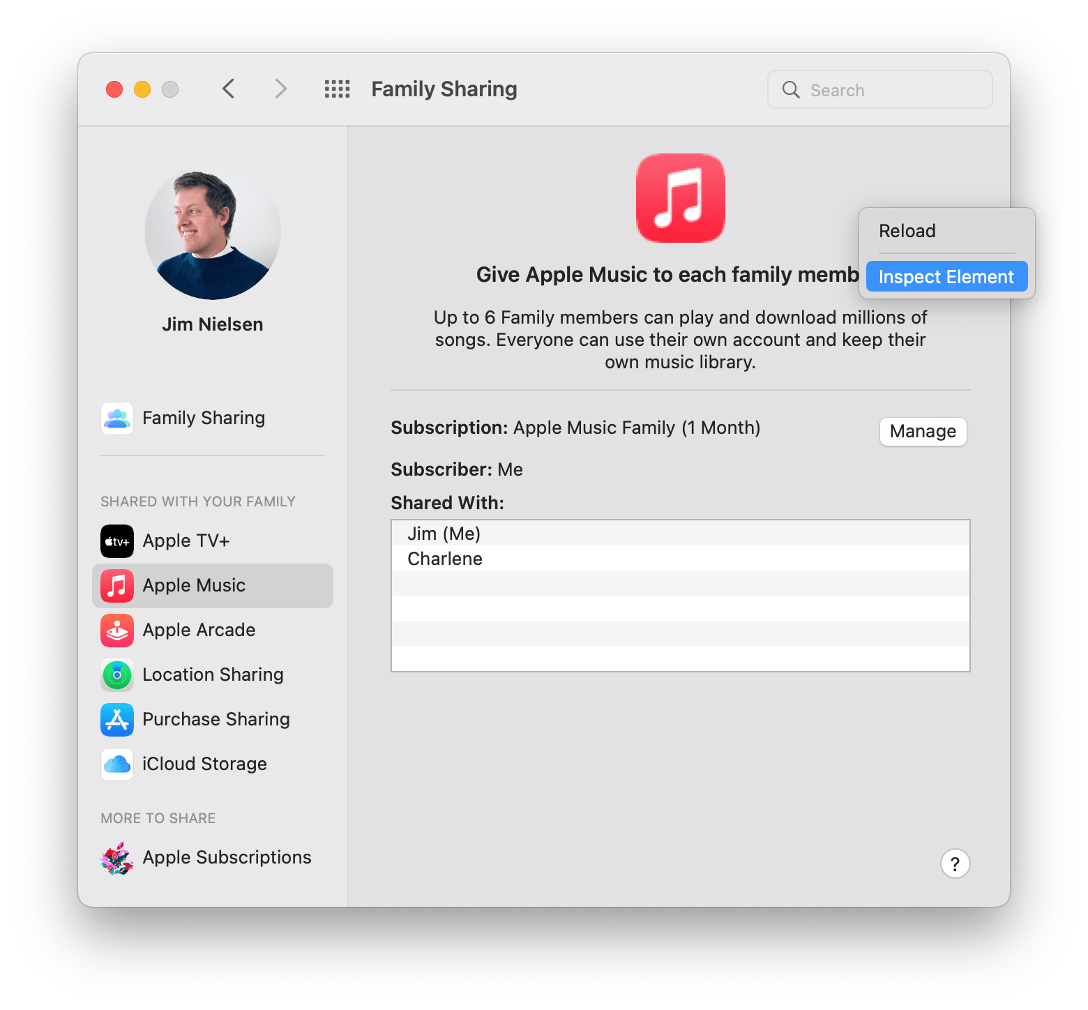 Screenshot of the Apple Music settings in the Family Sharing pane of system preferences on macOS with a “Inspect Element” context menu element visible.