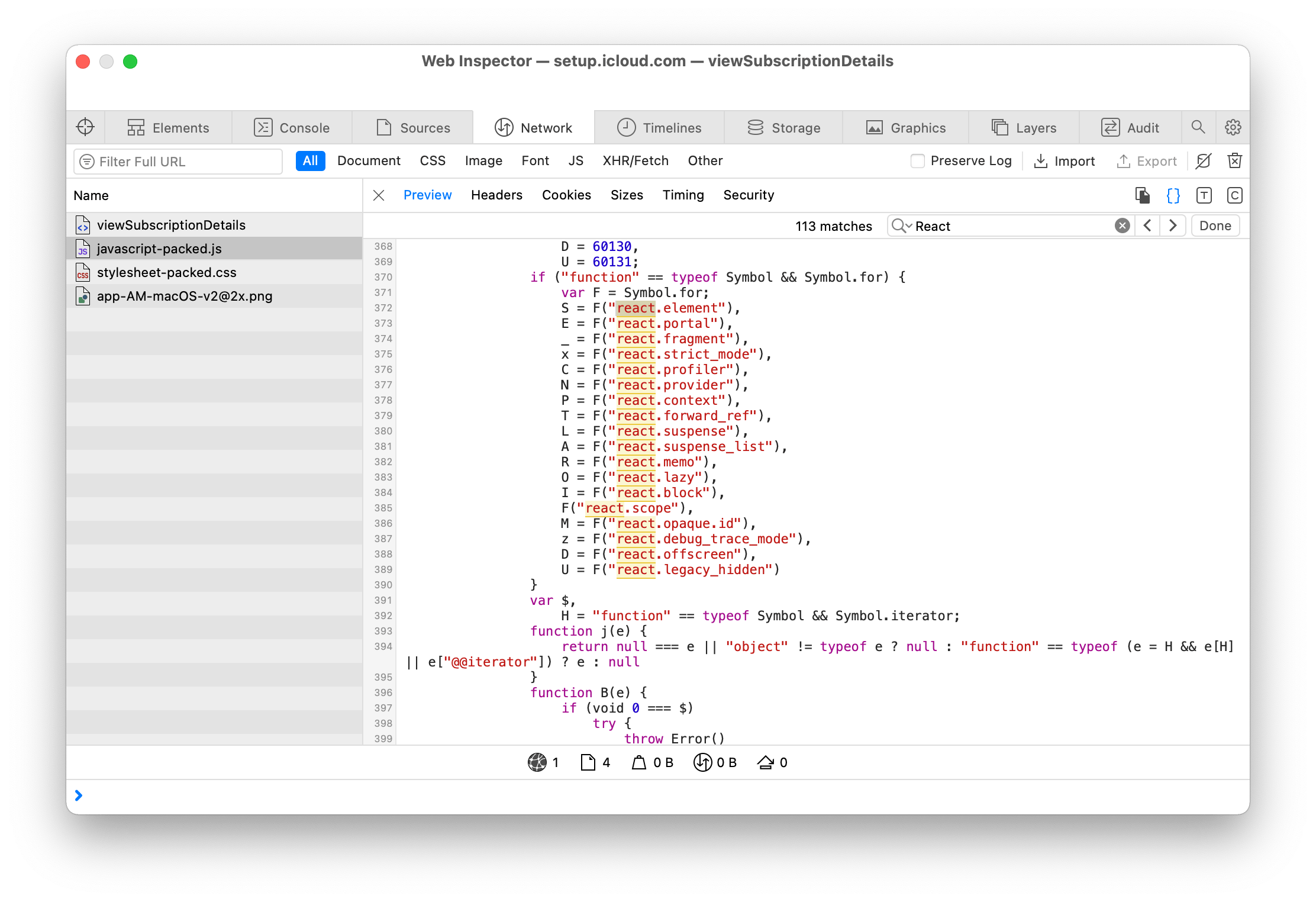 Screenshot of the Web Inspector for the Apple Music Family Sharing pane in System Preferences showing a JavaScript file powering the view which is using React.