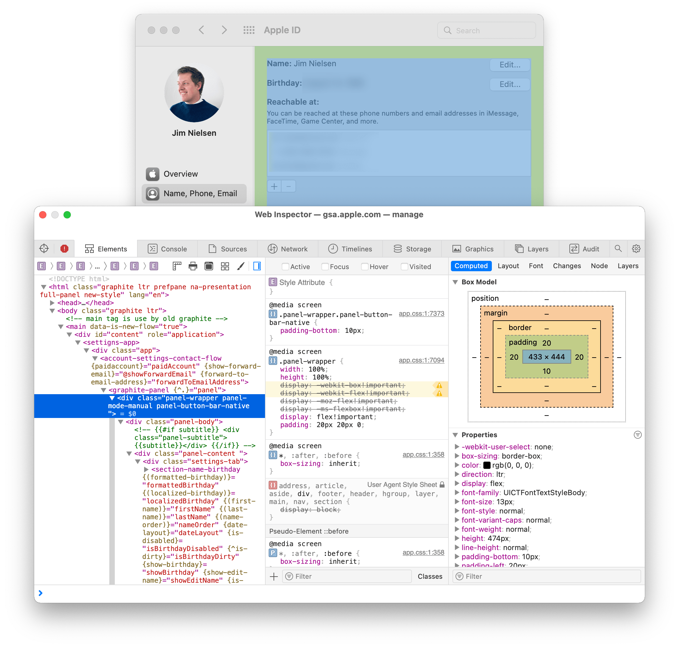 Screenshot of the web inspector for a tab in the Apple ID pane of System Preferences which shows custom elements in the DOM.