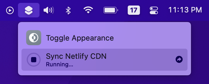 Screenshot of the Shortcuts app menu bar in macOS, with a “Sync Netlify CDN” command actively running.