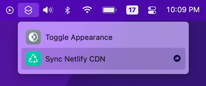 Screenshot of the Shortcuts app menu bar in macOS, with a “Sync Netlify CDN” command active.