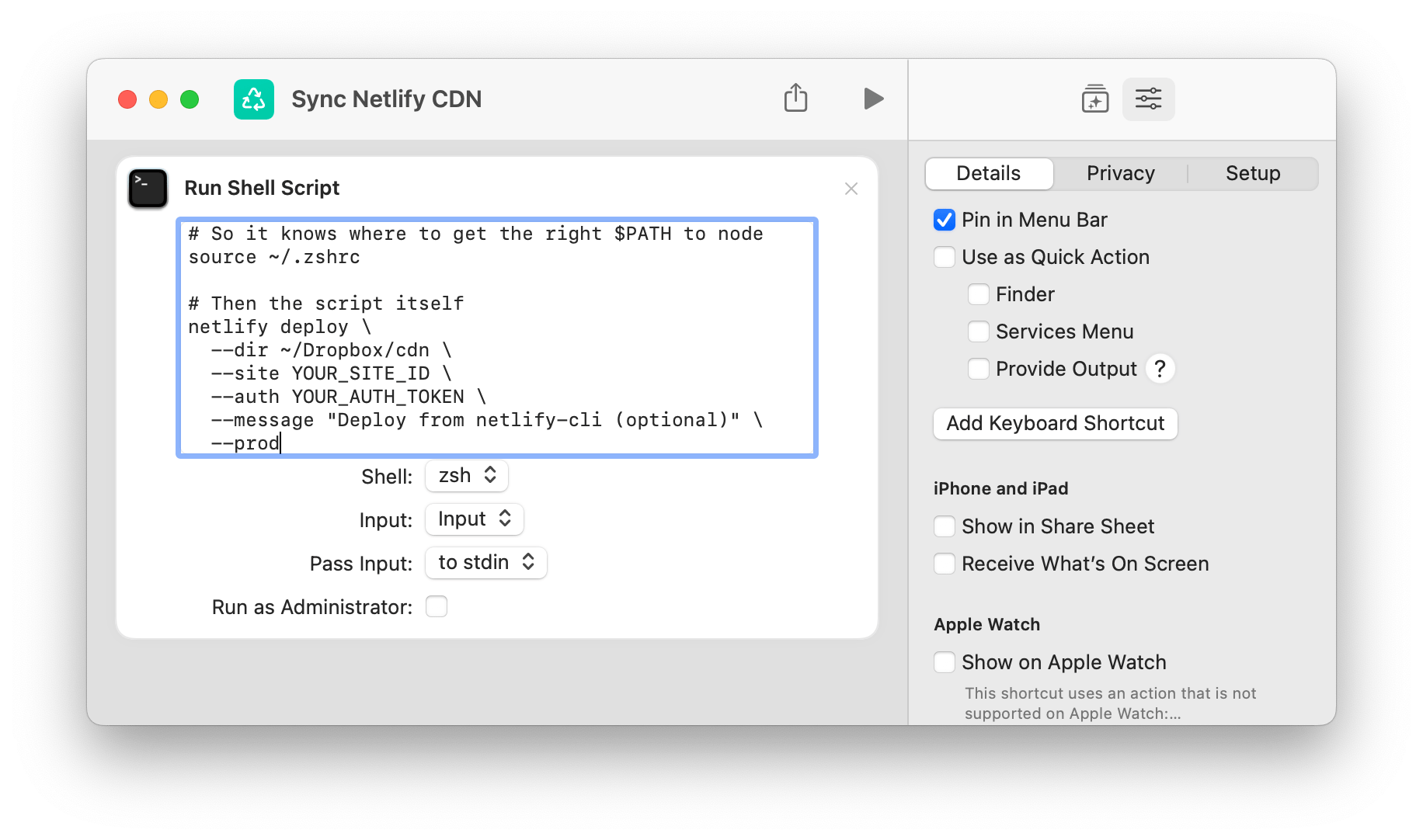 Screenshot of a Shortcut in macOS running a shell script to sync a local folder to Netlify using the netlify CLI command.