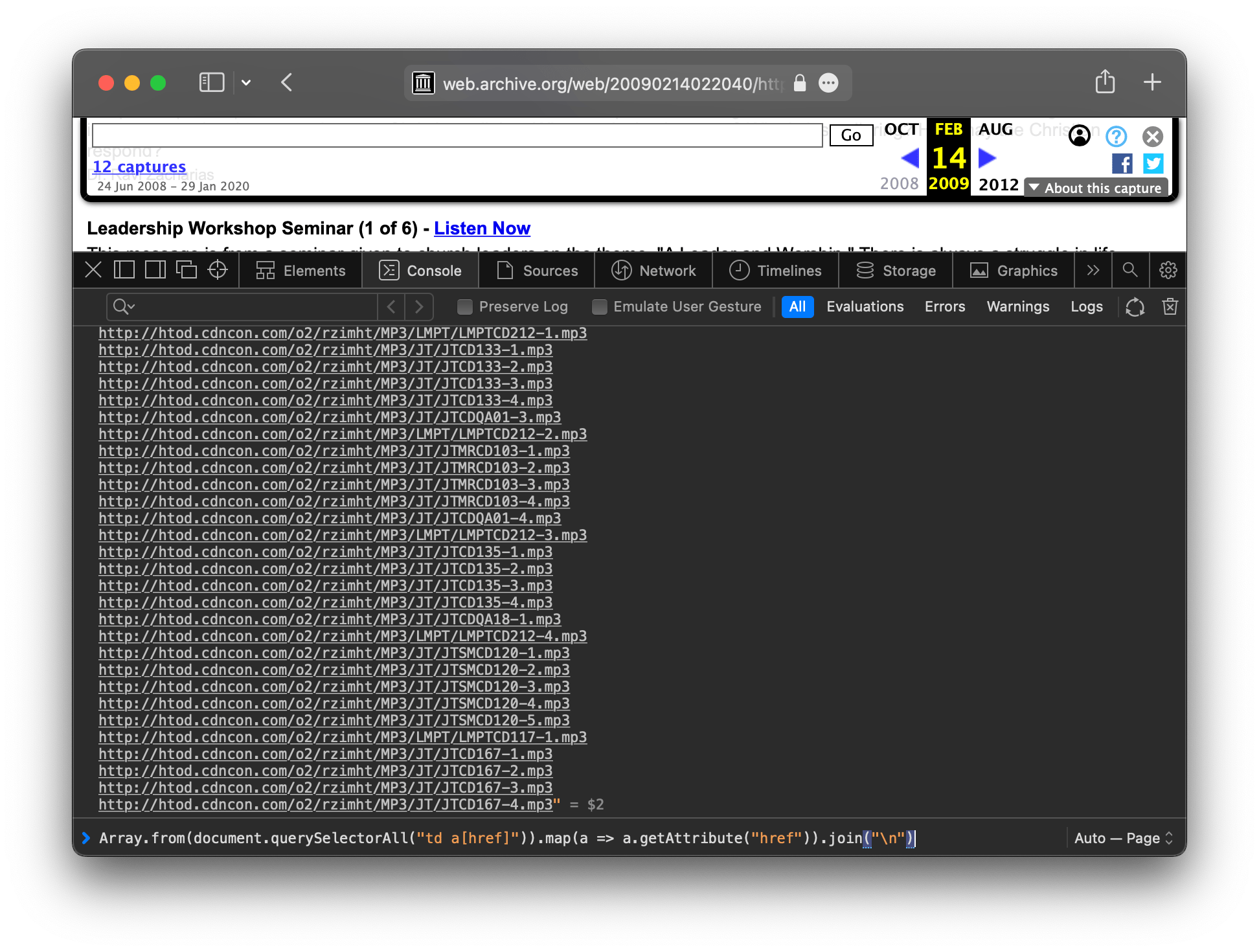 Screenshot of a website with the developer tools open and a script in the console that selected all links on the page and combined their hrefs into a giant list or URLs.