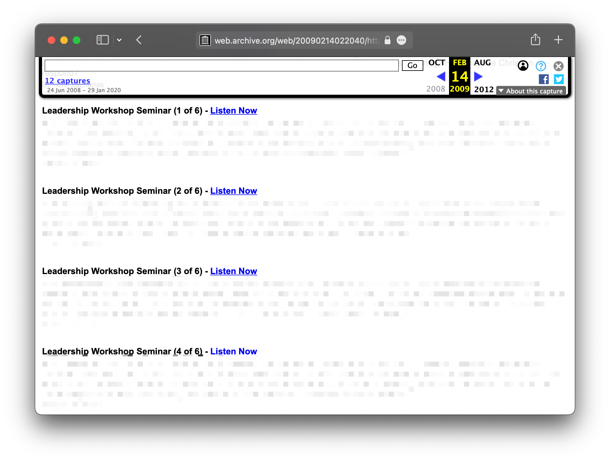 Screenshot of a website from the internet archive with a listing of podcast episodes and a blue “Listen Now” link to download the episode MP3.