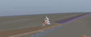 Animated GIF from the “Mission Impossible” promo showing a computer 3D model of a person jumping a motorbike off a ramp and their trajectory angles.