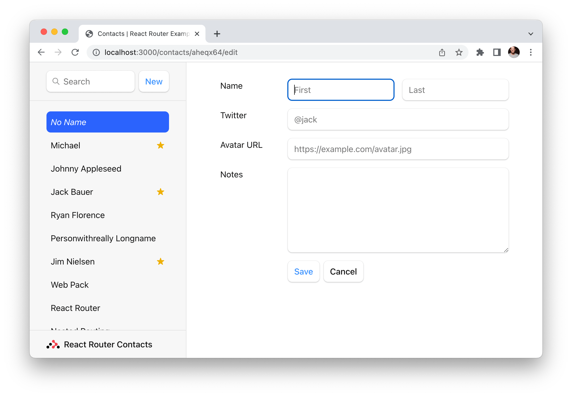 Screenshot of the new contact page in the “Contacts” demo app for React Router.