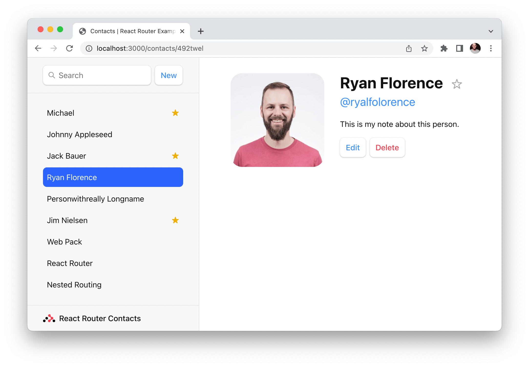 Screenshot of the profile page in the “Contacts” demo app for React Router.