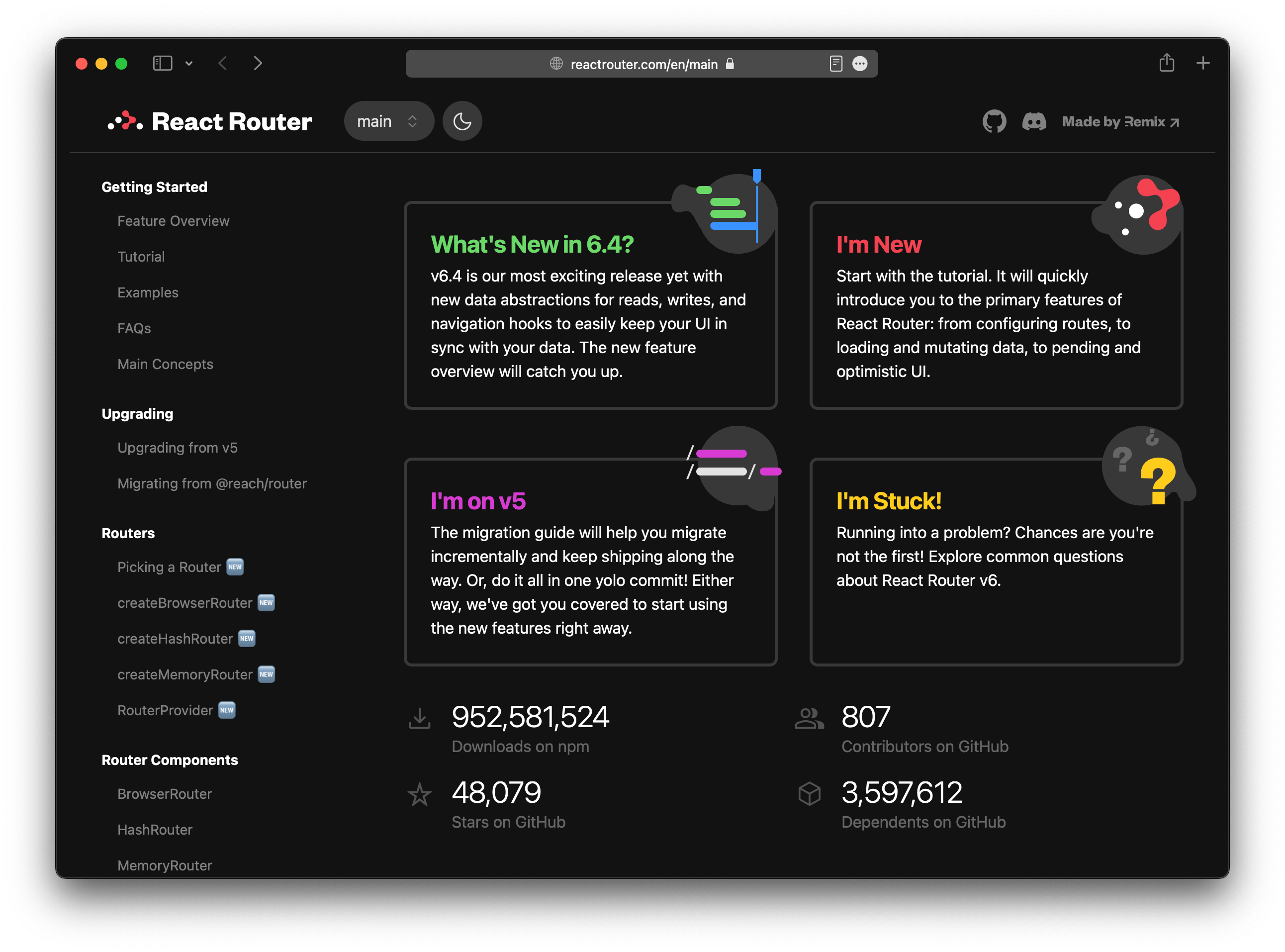 Screenshot of the new design for reactrouter.com in dark mode.