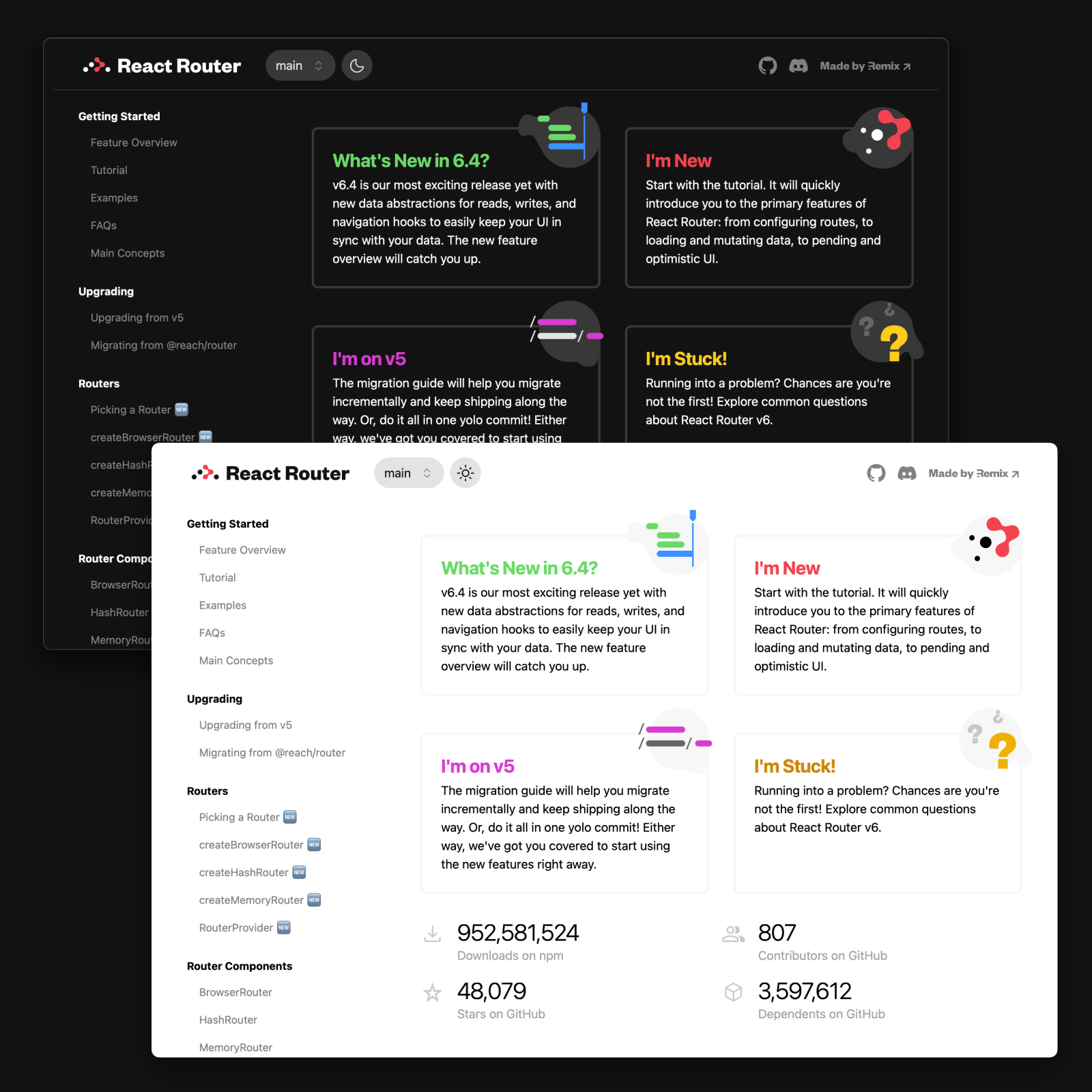 React Router website showing navigation, feature cards, and stats in dark and light modes.