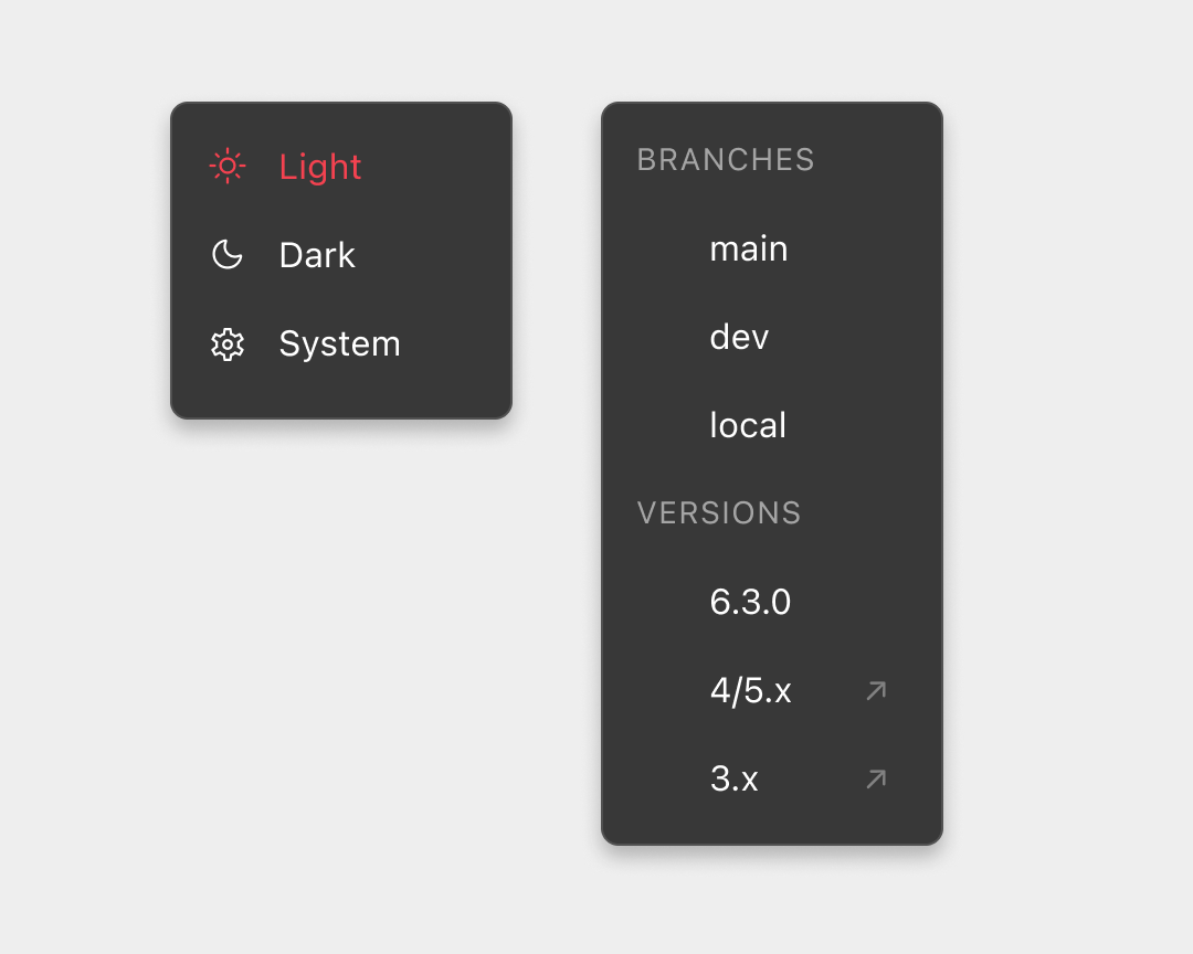 A screenshot of two different popover element designs from the new reactrotuer.com site design: one is a theme switcher, the other is a branch picker.