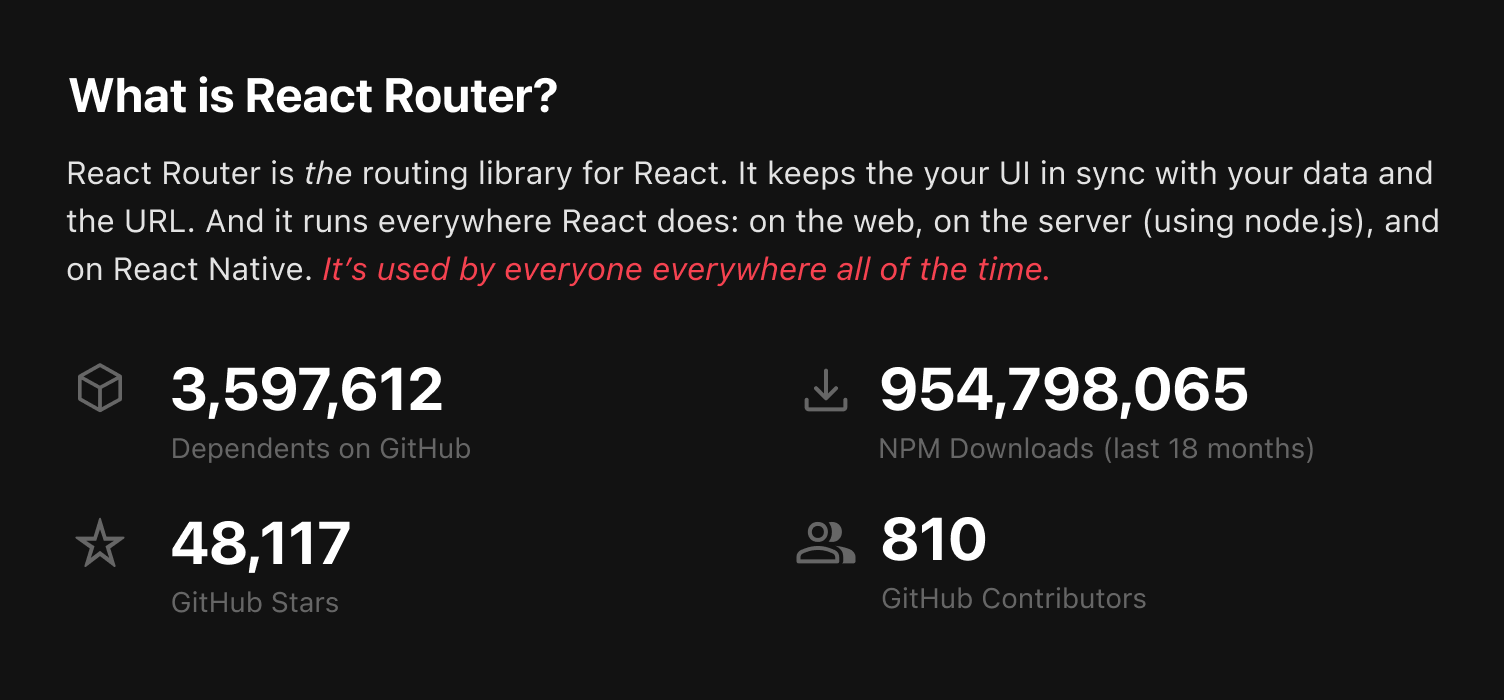 Screenshot of a design for the “Stats” section on the React Router home page, showing stats for npm downloads and GitHub stars, contributors, and dependents.