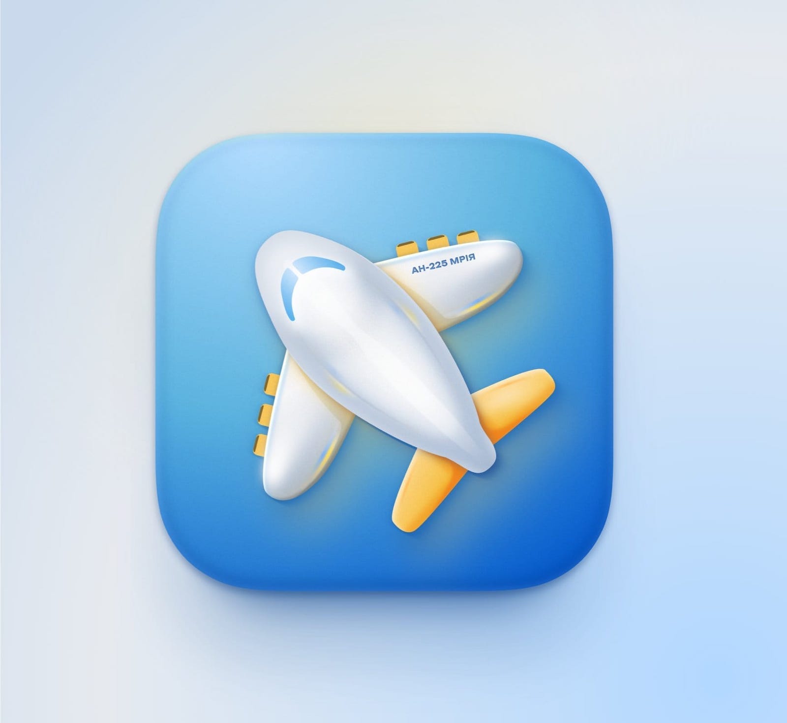 Blue app icon with a white airplane in an almost skeumorphic realism.