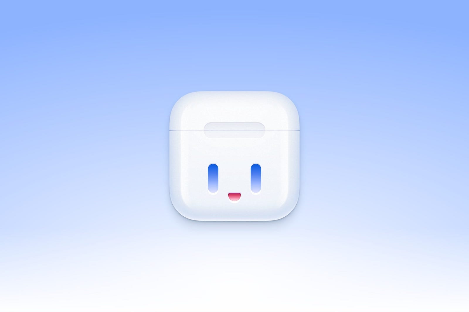 Digital reproduction of an airpods case with a cute happy face to anthropomorphize it.