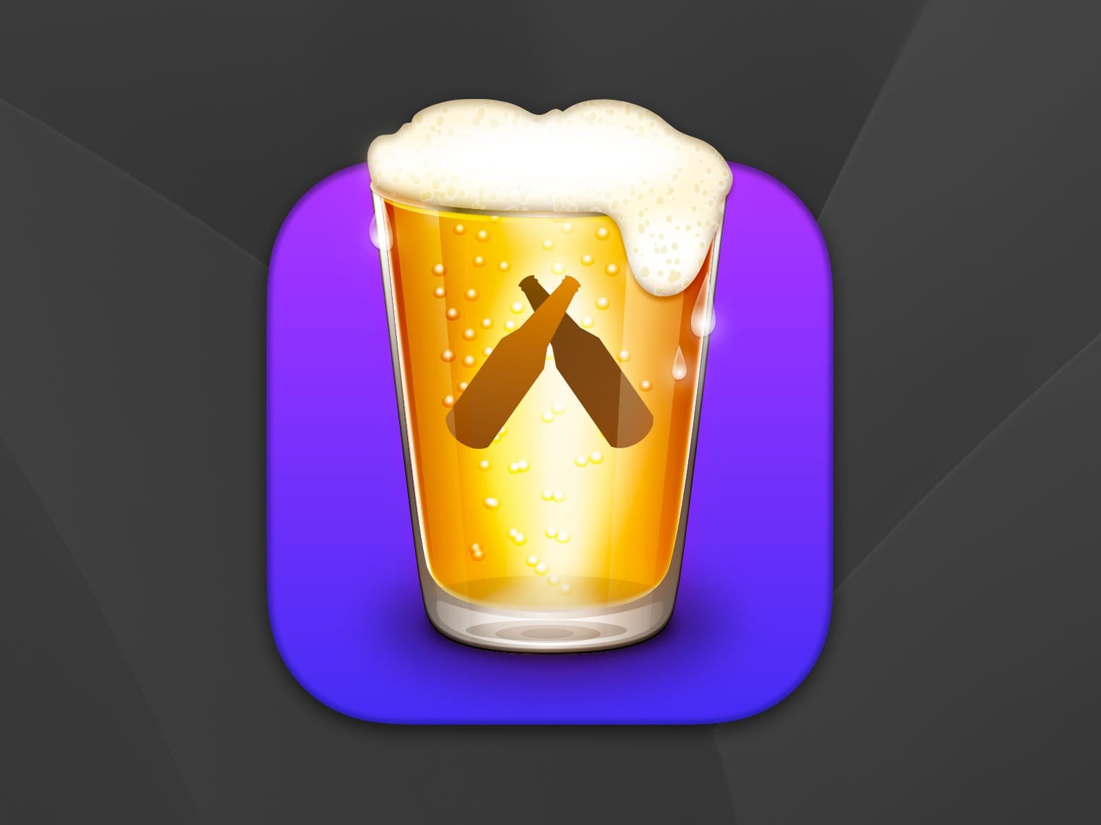 A realistic, frothing glass of beer overlaying an purple-to-blue gradient squircle.