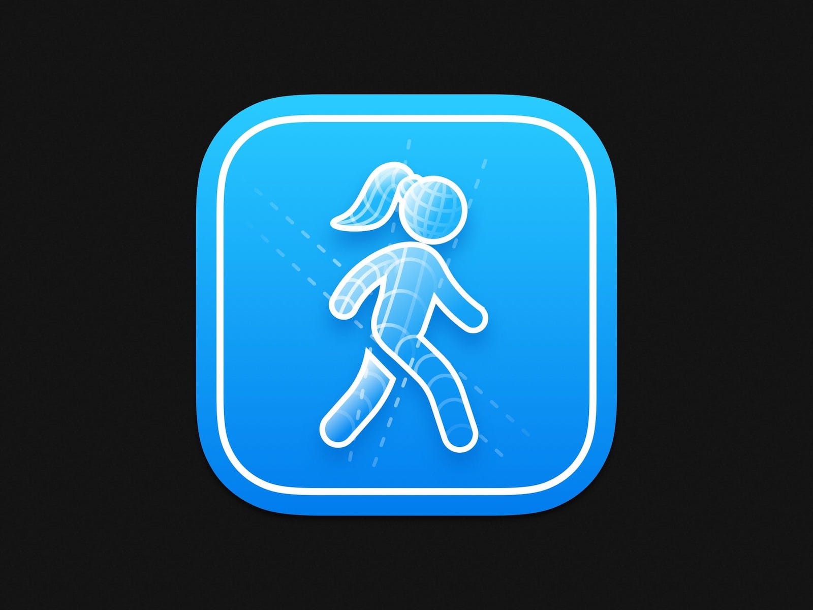 Blueprint-style icon with the outline of a woman walking in the middle.