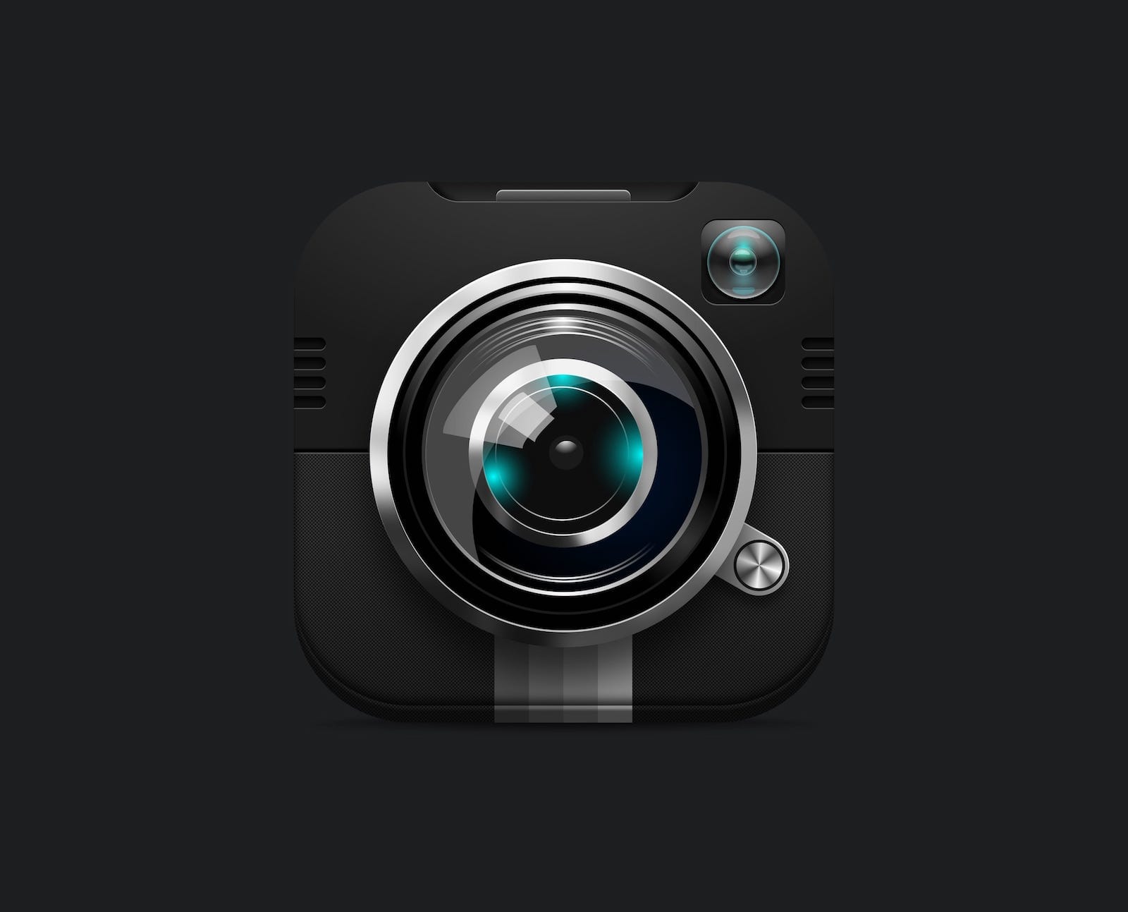 Camera and lens icon in black and gray, with small turqoise flare in the lens.