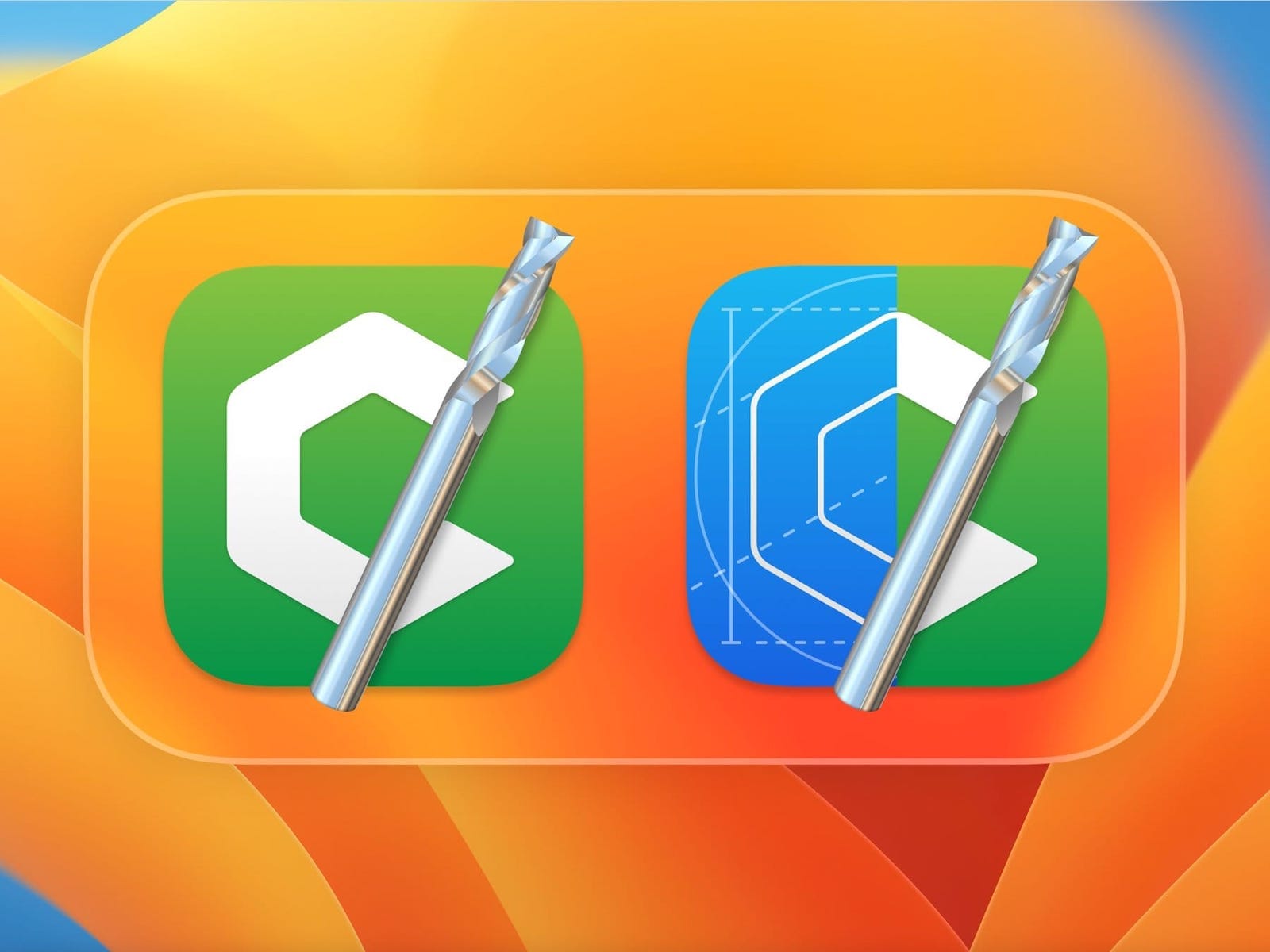 Two app icons with a realistic silver, reflective drill bit poised at an angle and jutting out over the edges of the icon.