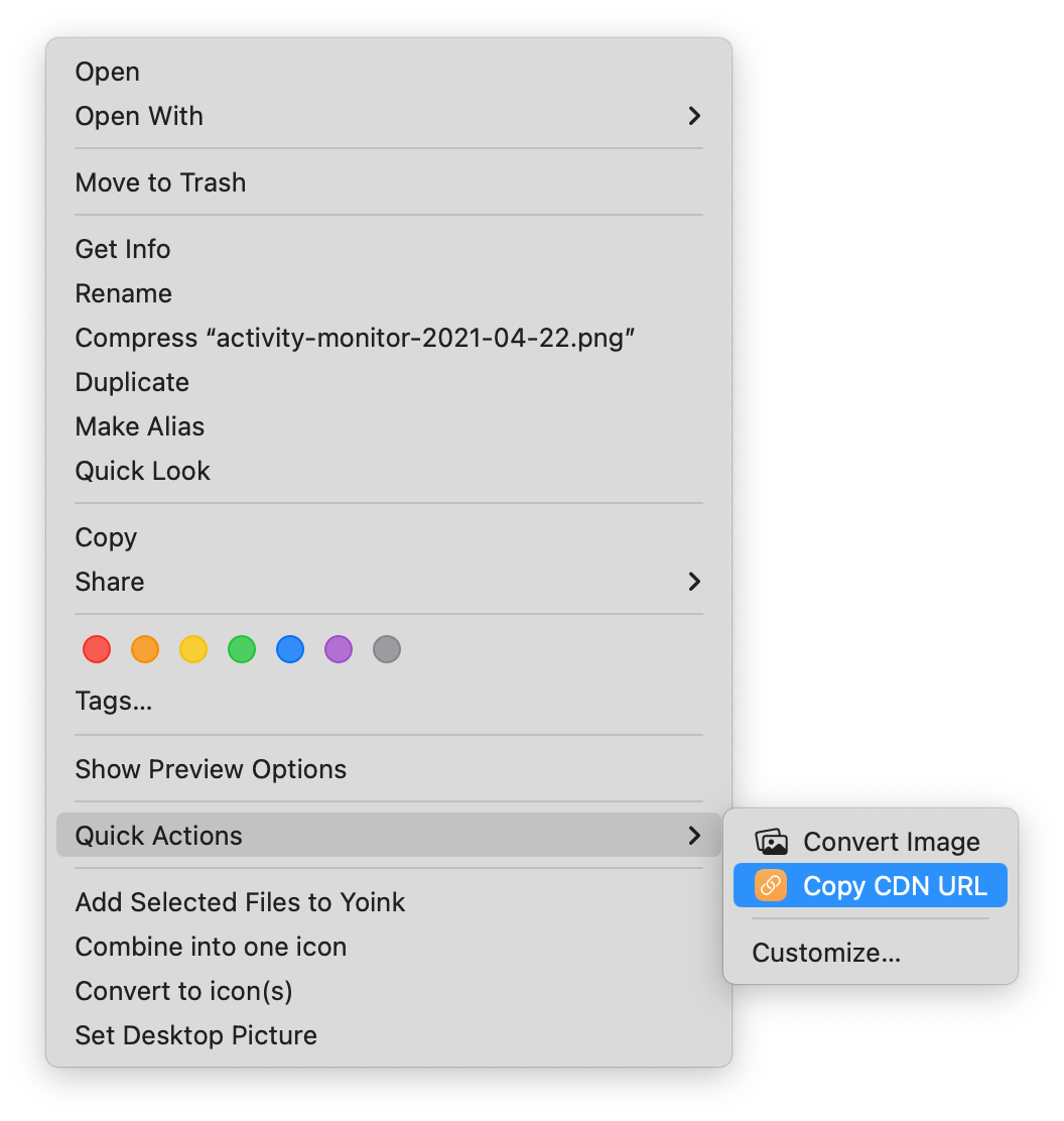 Screenshot of a right-click menu in macOS with a “Copy CDN URL” menu option.