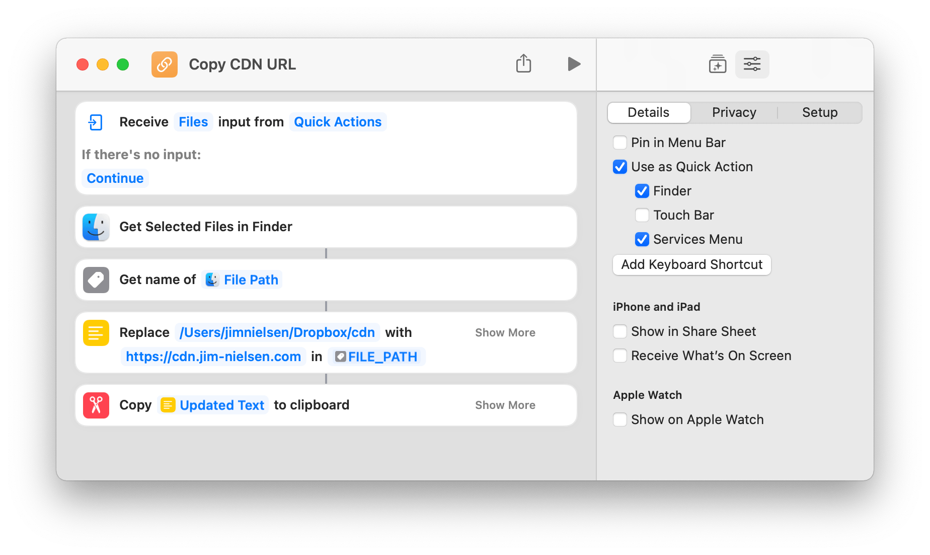 Screenshot of the Shortcuts app on macOS with a string of workflow actions showing how to take a file on disk as an input and output a public-facing URL for that image.