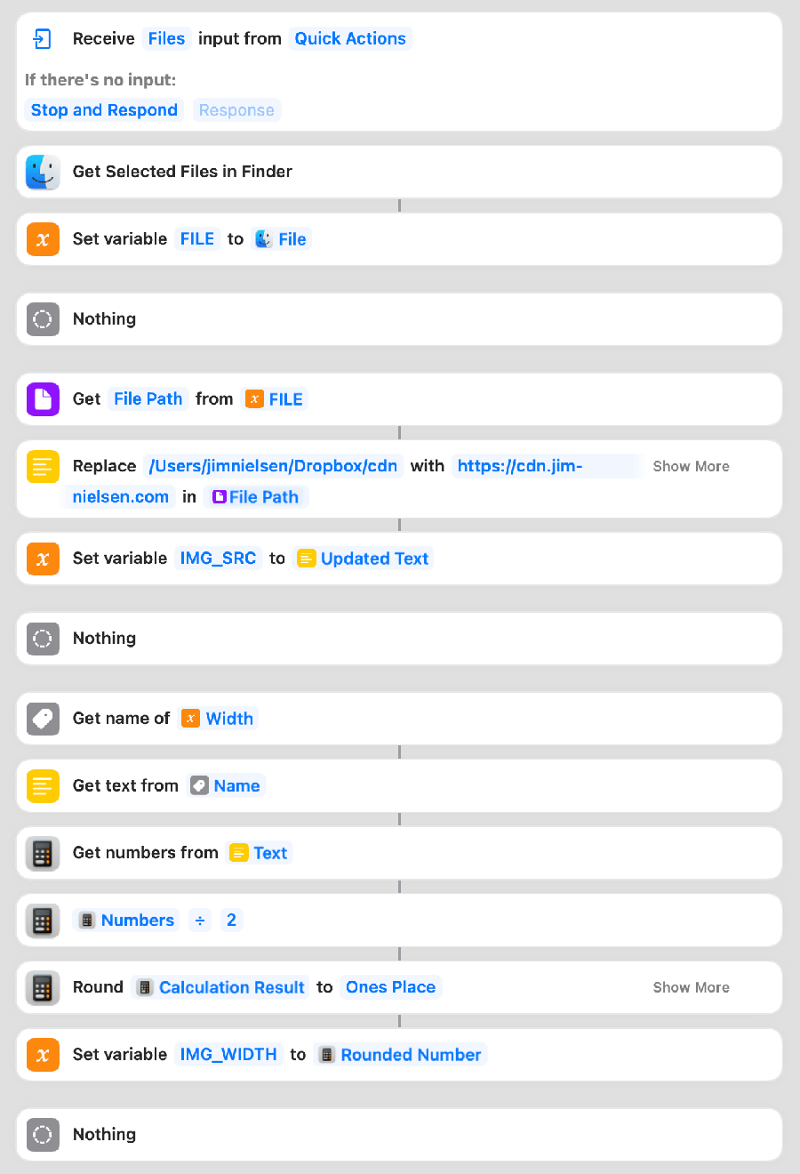Screenshot of a large number of stacked actions in the Shortcuts app on macOS which are required to generate the img tag markup for a given file.