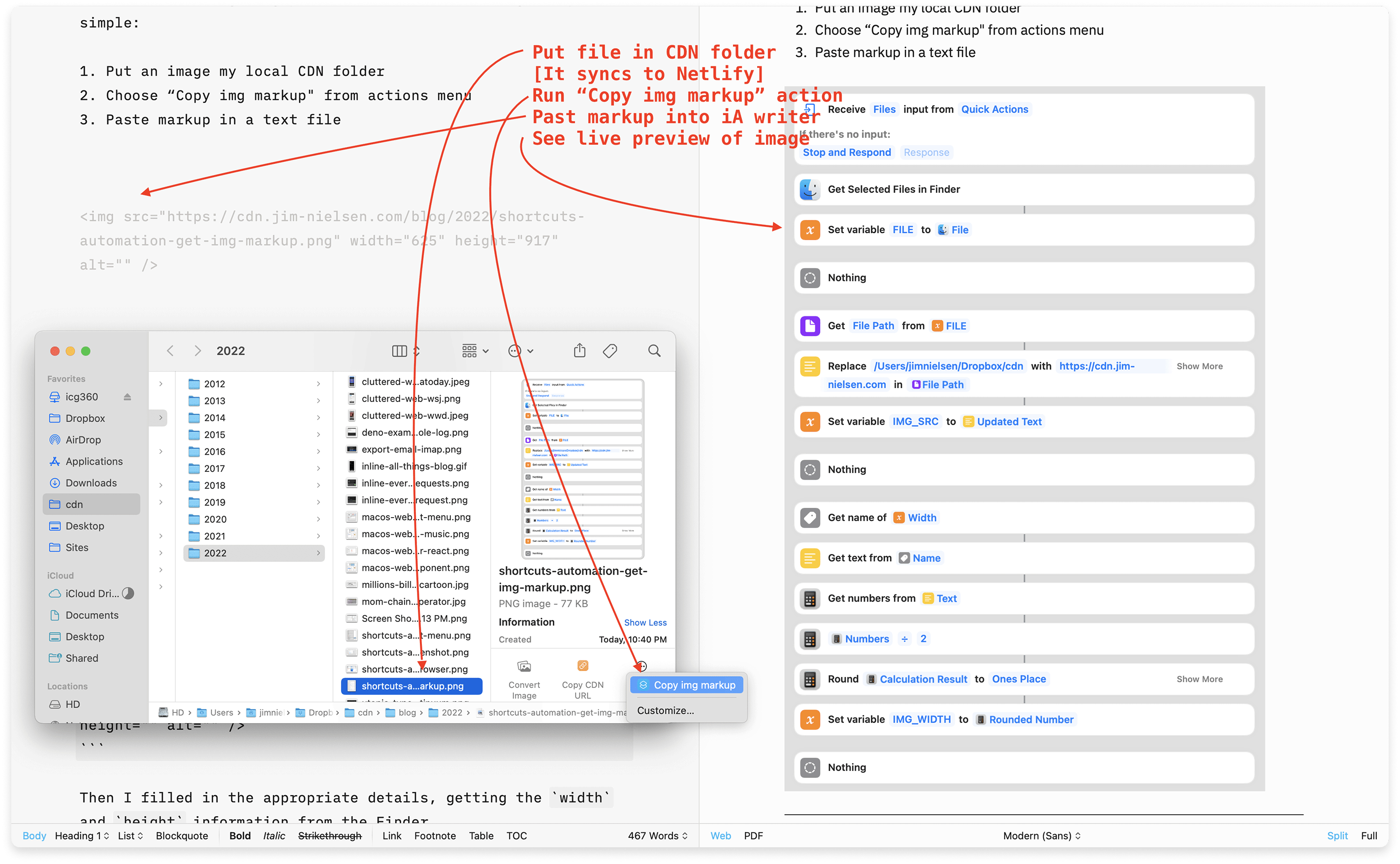 Screenshot of iA Writer and Finder on macOS with text and arrows overlaying the screen, showing one can generate the markup for an img tag from a file in the Finder.