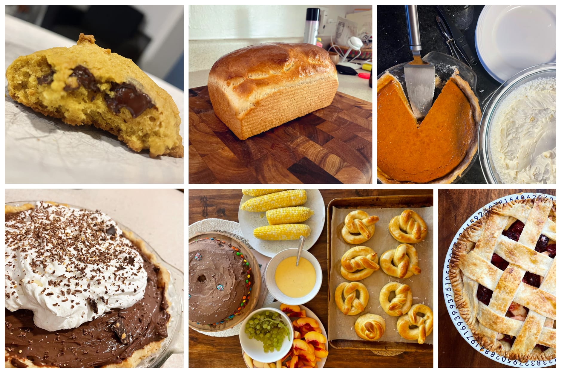 Photograph collage of various baked goods, including pumpkin cookies, white bread, pumpkin pie with whipped cream, chocolate cream pie, pretezels, cake, and apple berry pie.