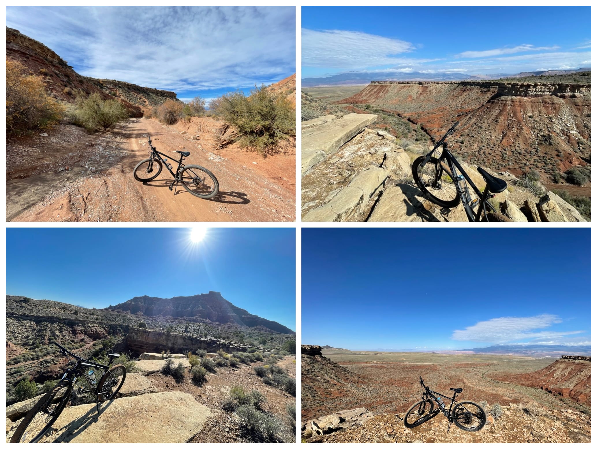Collage of photographs showing a mountain bike on various desert trails with dirt, plateaus, and blue skies in the background.